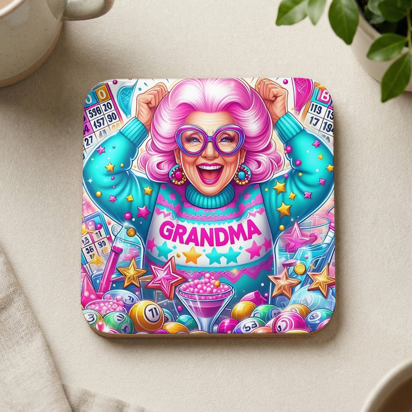 Woman in a "Grandma" sweater with arms raised, surrounded by bingo cards and prizes.