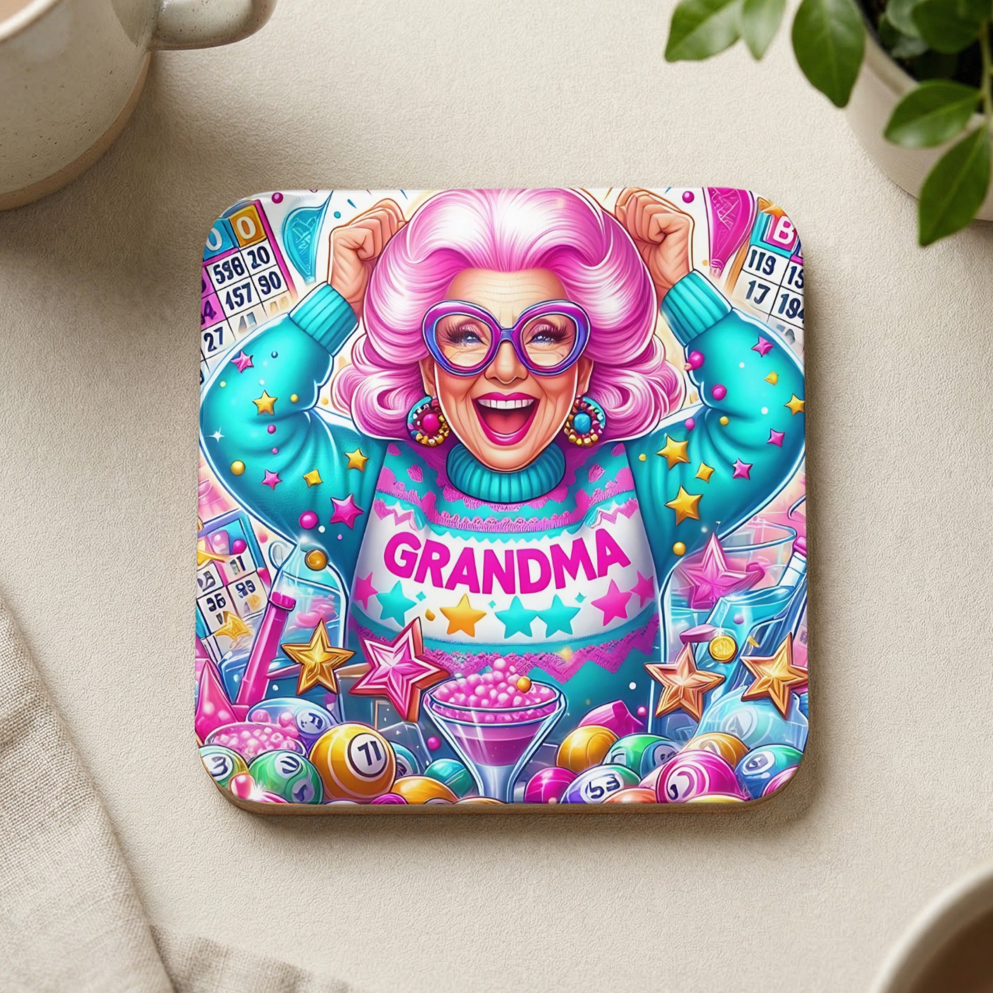 Woman in a "Grandma" sweater with arms raised, surrounded by bingo cards and prizes.
