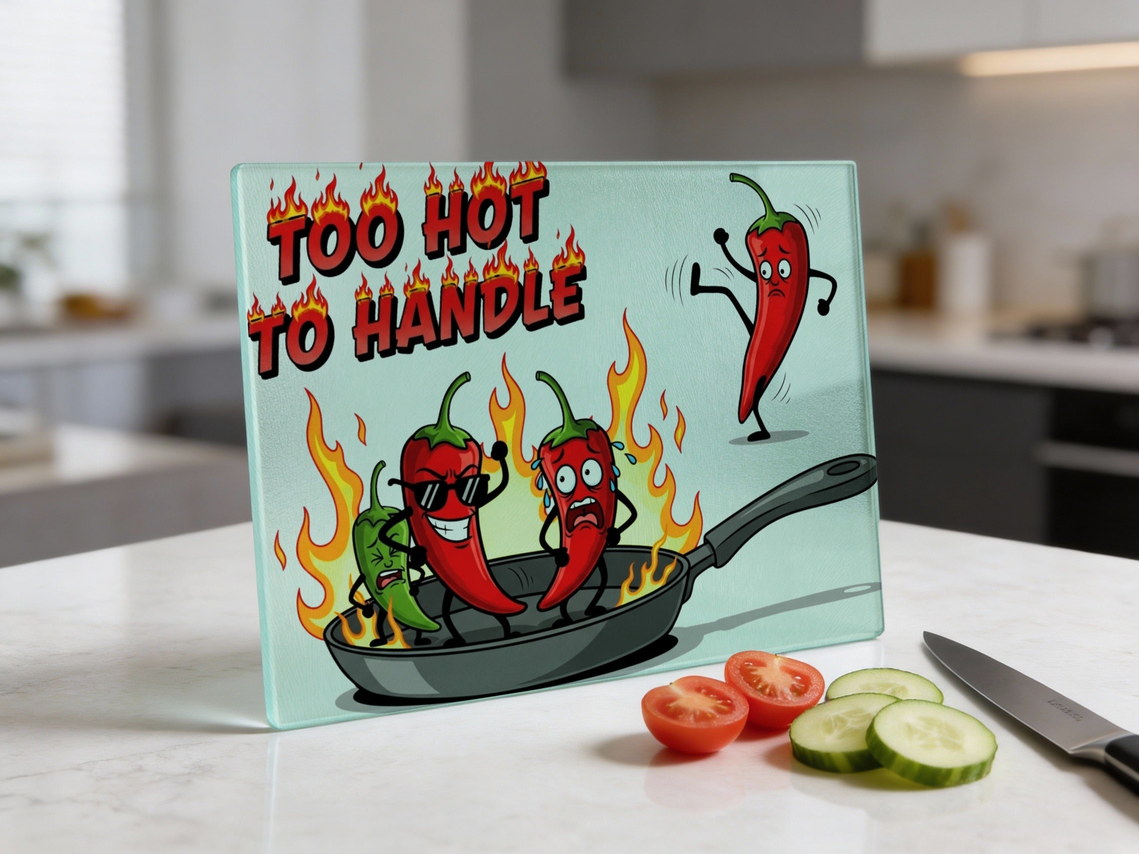 Chili peppers in a pan with flames, text "Too Hot to Handle".