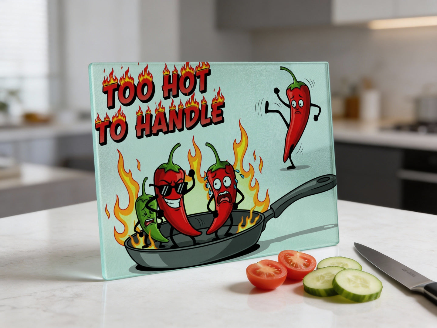 Chili peppers in a pan with flames, text "Too Hot to Handle".