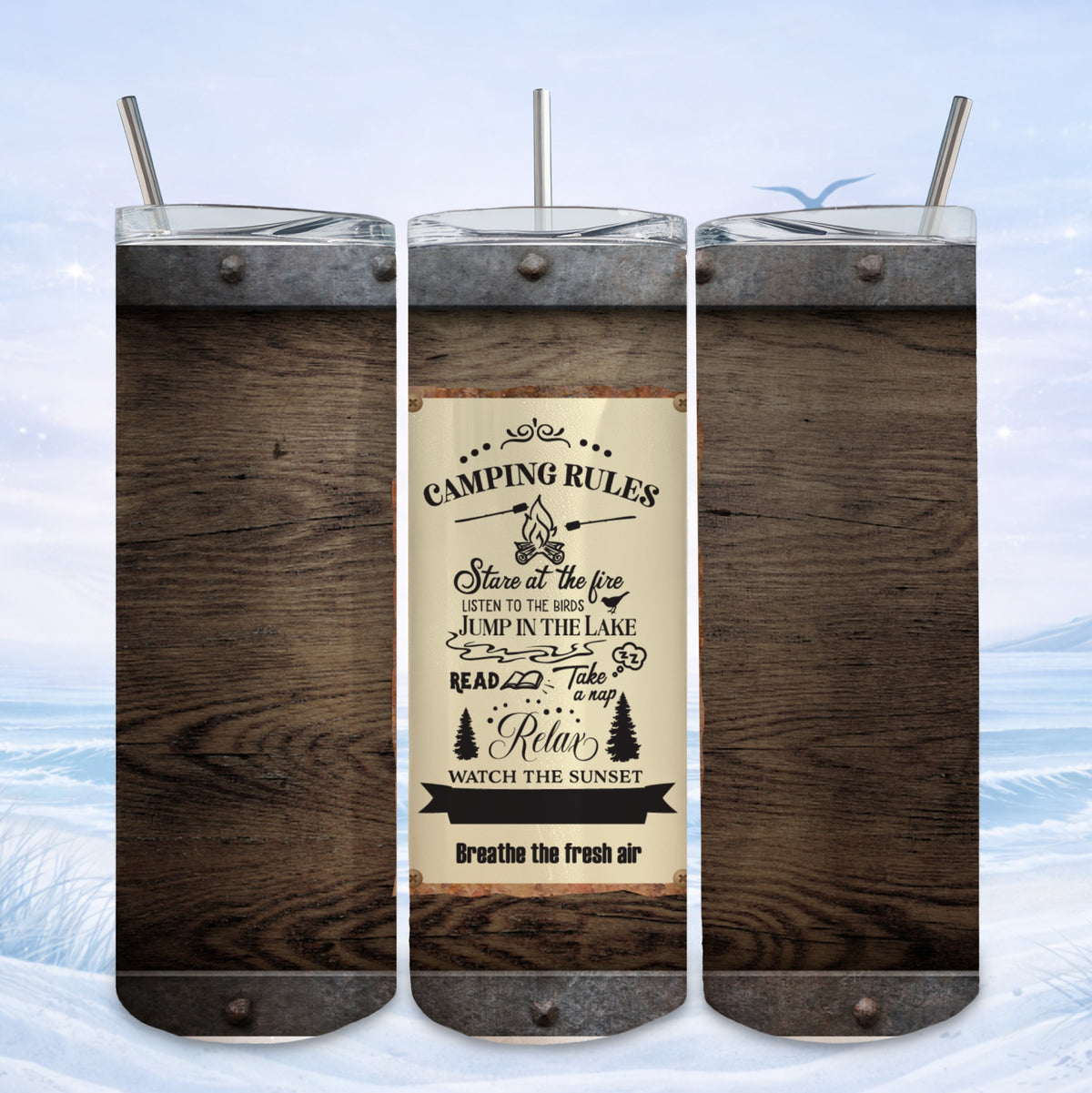 Camping Rules tumbler with woodland scene and campfire rules text.