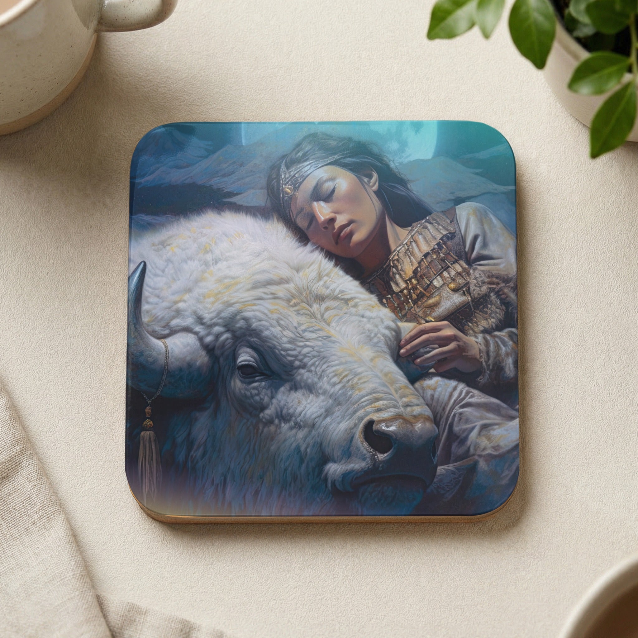 Woman rests her head on a white bison in a serene, wintry landscape.