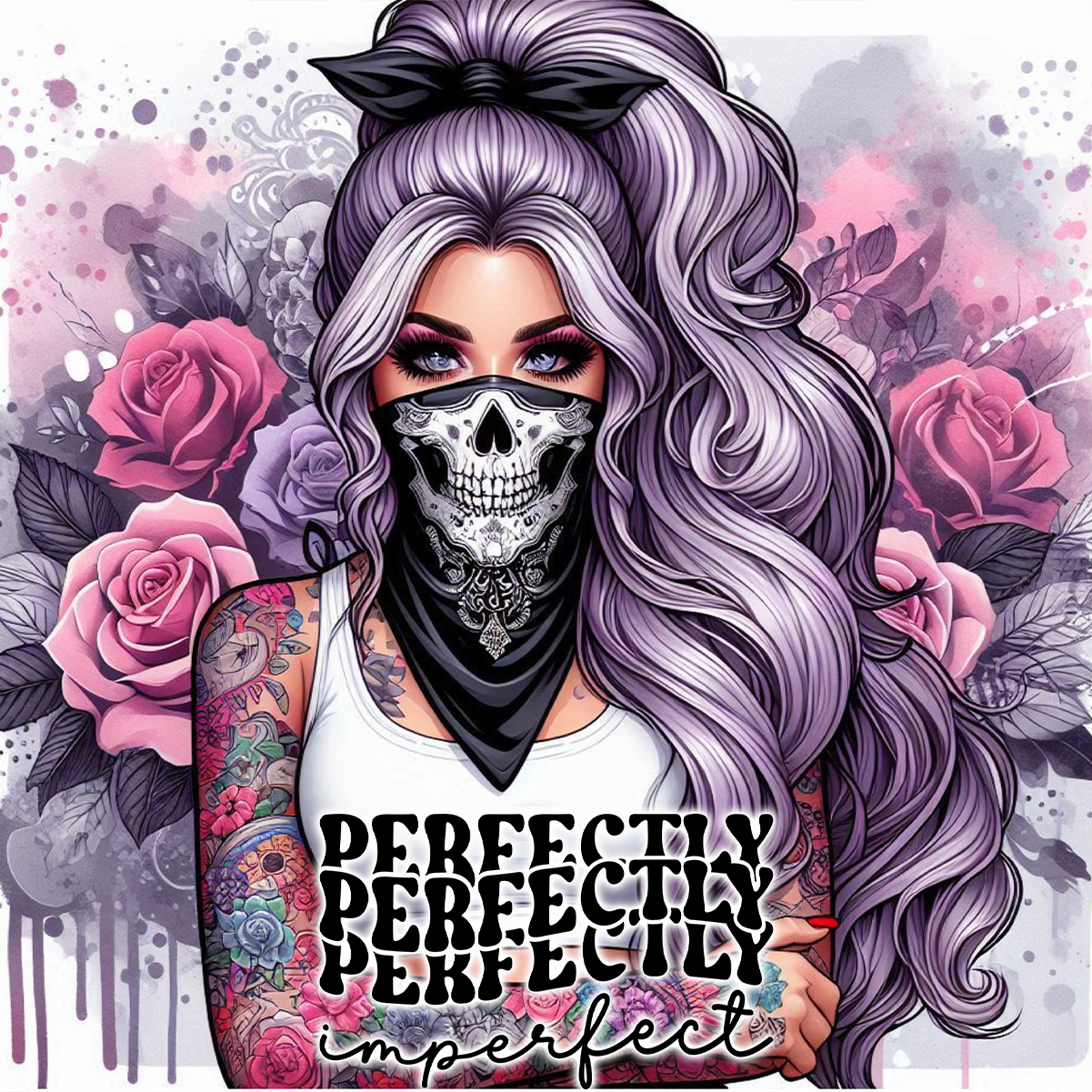 Woman with skull bandana, purple hair, tattoos, and roses.