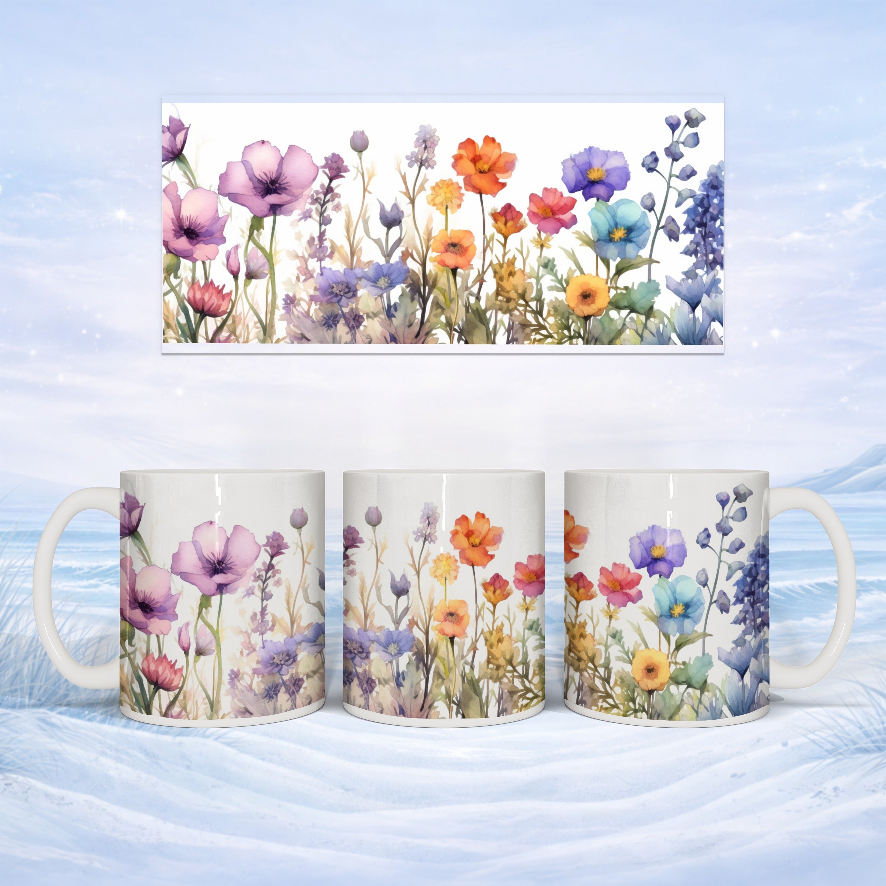 Mug with watercolor floral design against a winter landscape background.