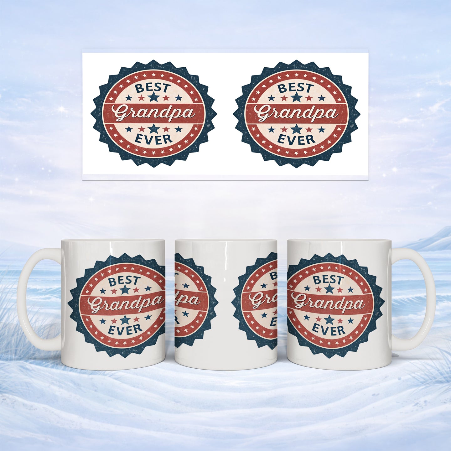 Three mugs and two badges displaying "BEST Grandpa EVER" in circular seals.