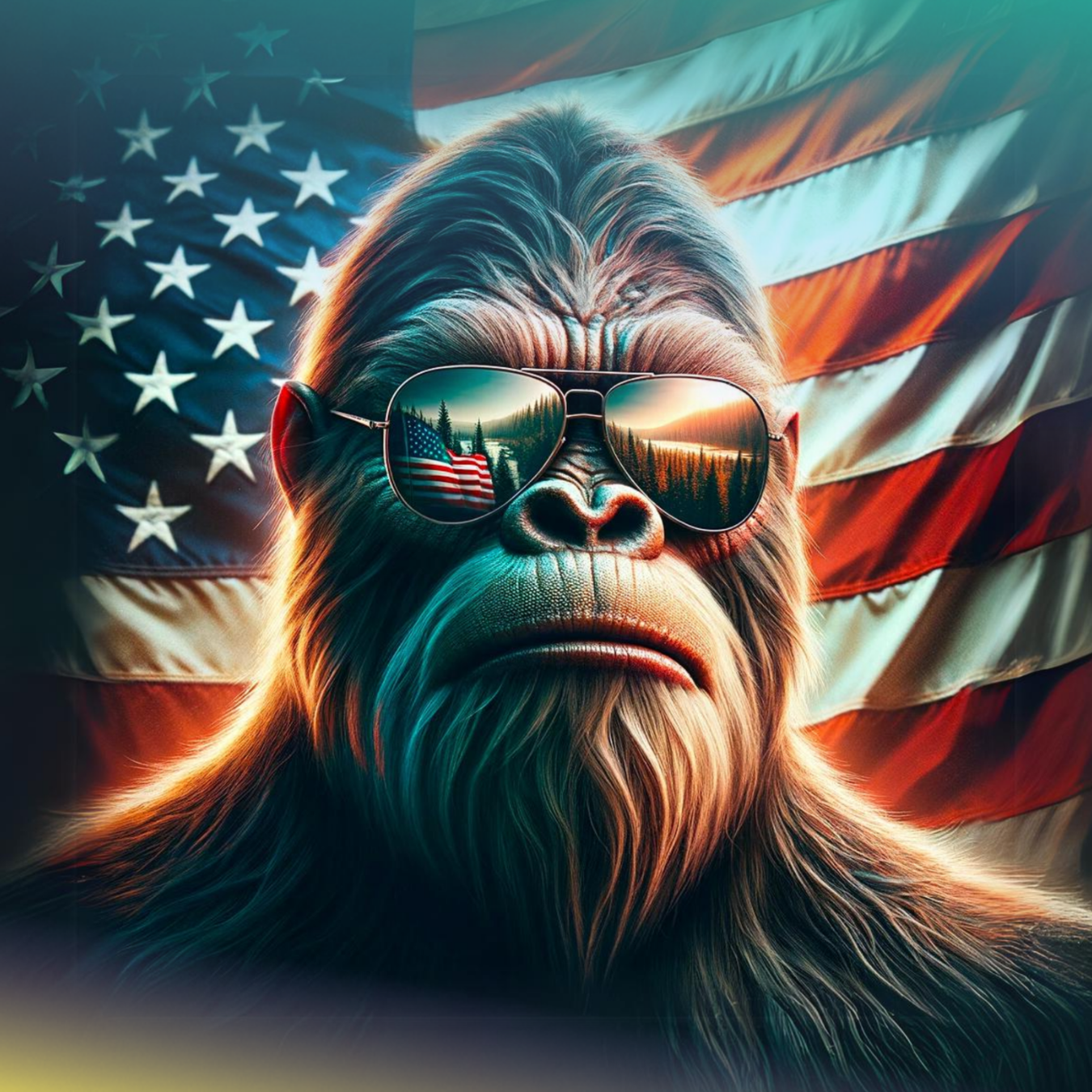 Gorilla wearing sunglasses reflecting the American flag, against a blurry American flag background.