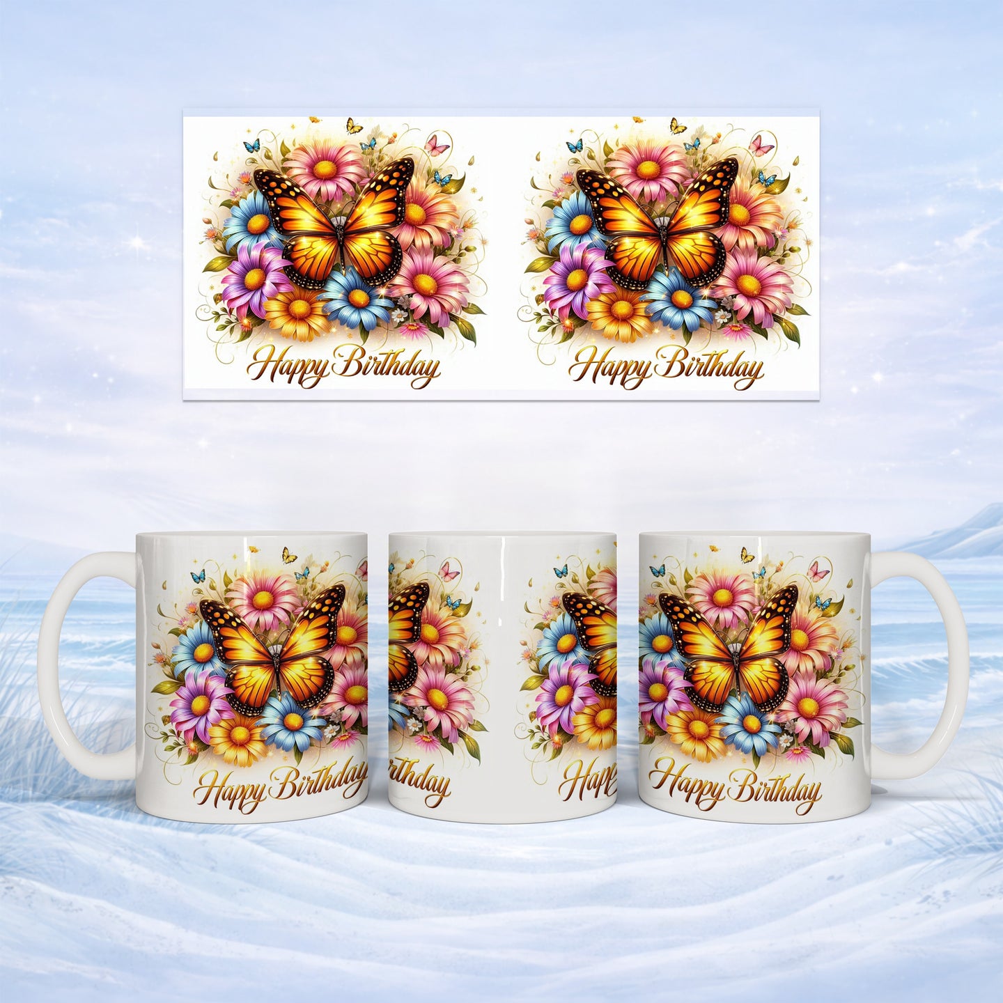 Mug with butterflies and flowers, reads "Happy Birthday."