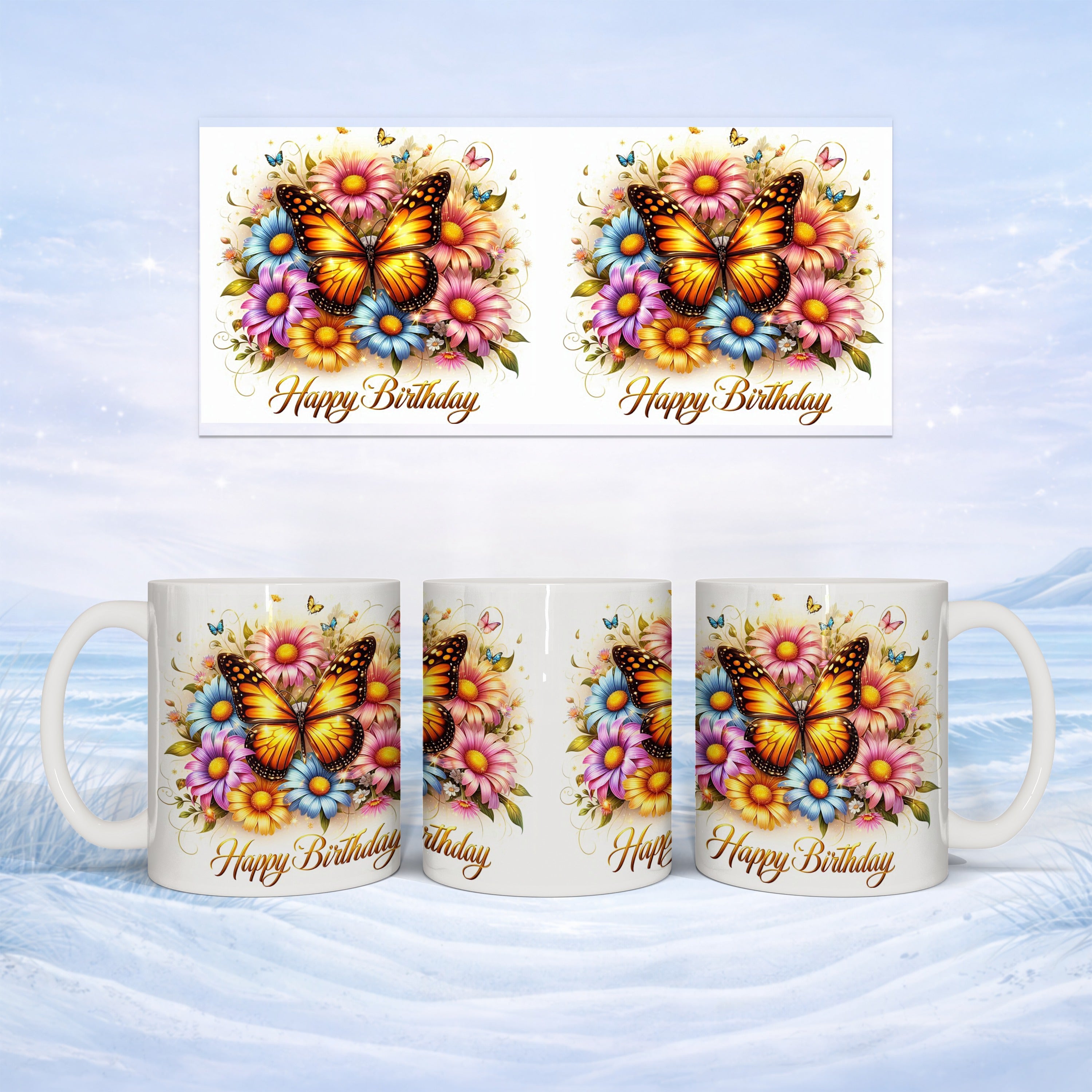 Mug with butterflies and flowers, reads "Happy Birthday."