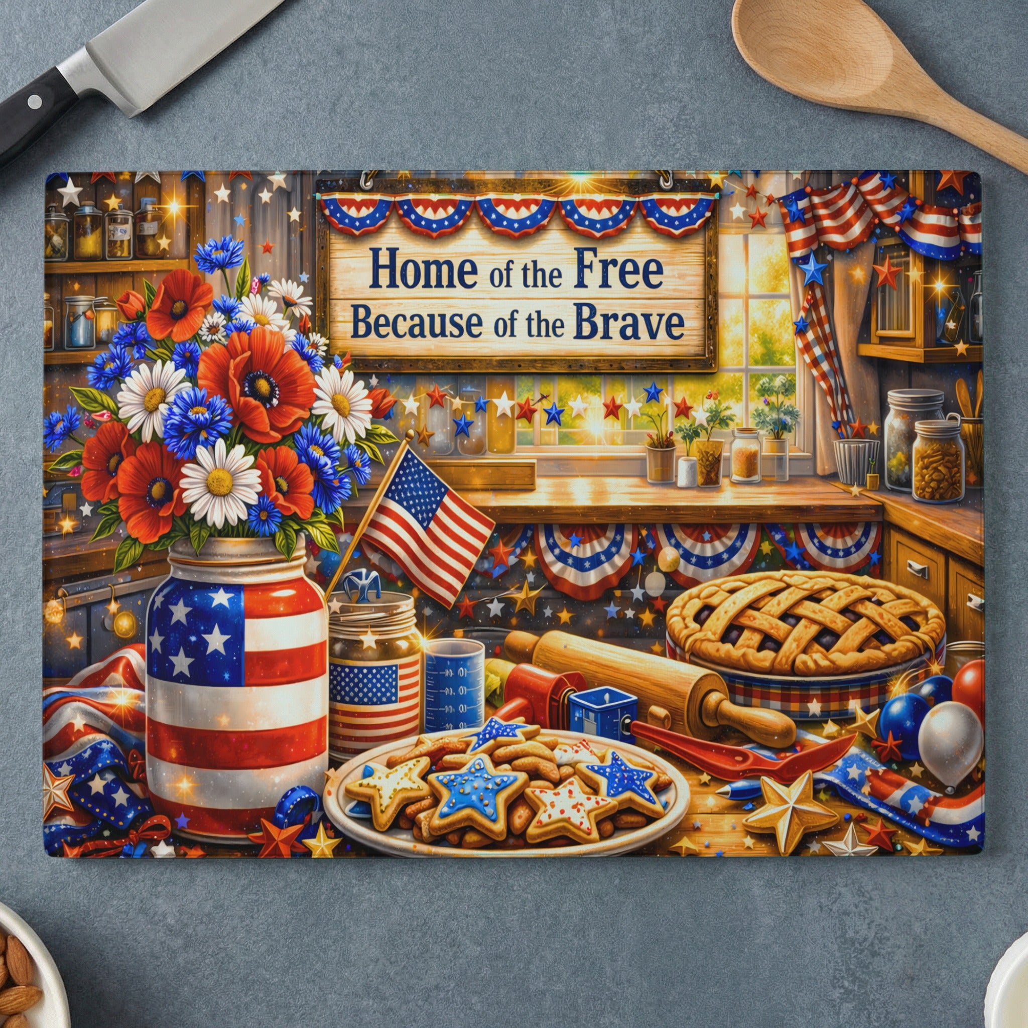 Patriotic kitchen scene with American flag jar of flowers, pie, and cookies.