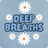 "DEEP BREATHS" text surrounded by white daisies on a blue textured background.