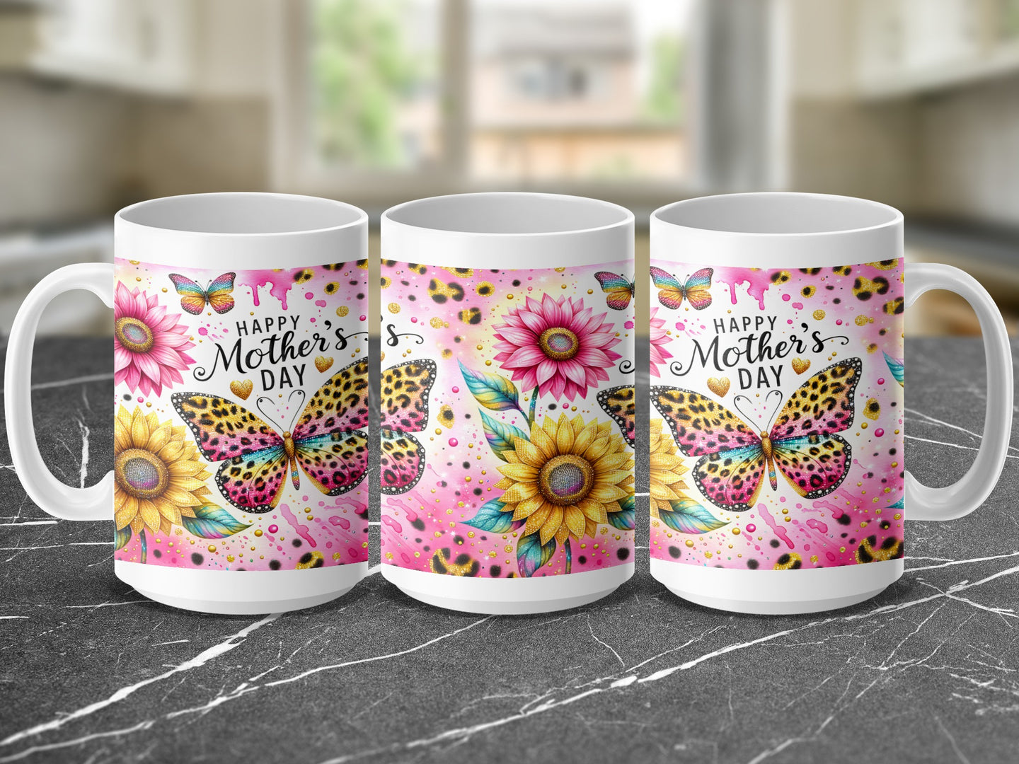 Three mugs featuring butterflies and flowers with "Happy Mother's Day" text.