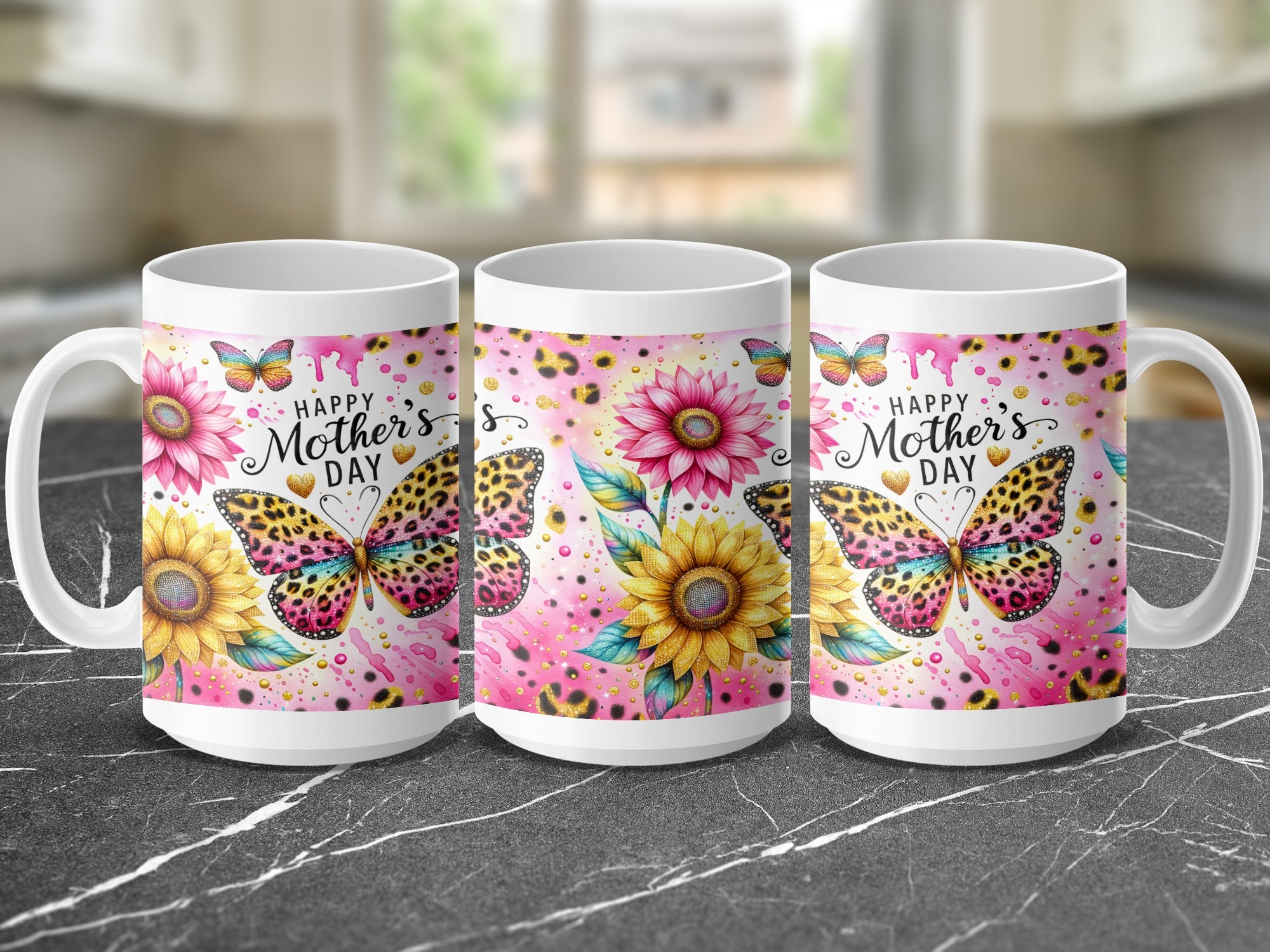 Three mugs featuring butterflies and flowers with "Happy Mother's Day" text.