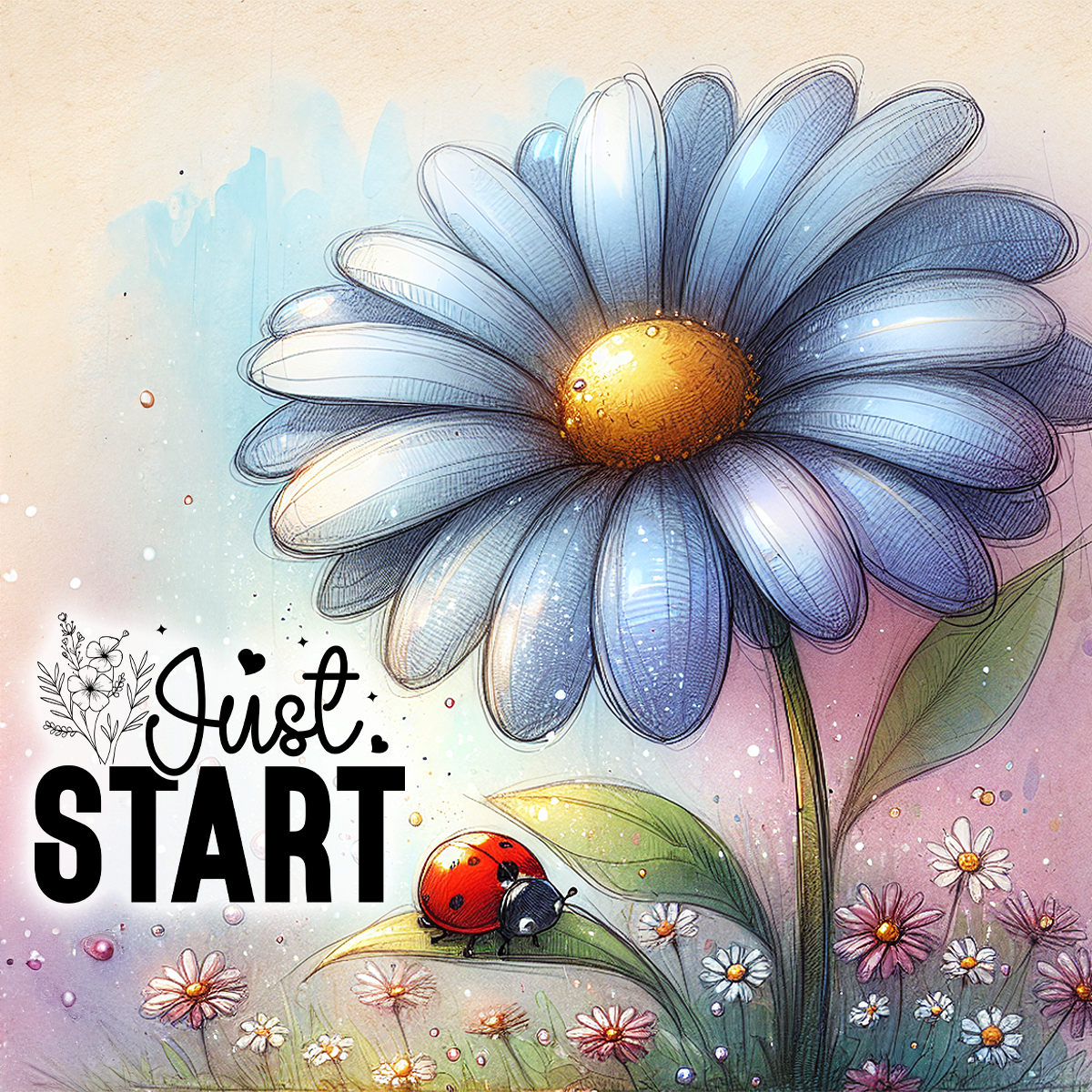 Daisy with ladybug and "Just Start" text in watercolor style.
