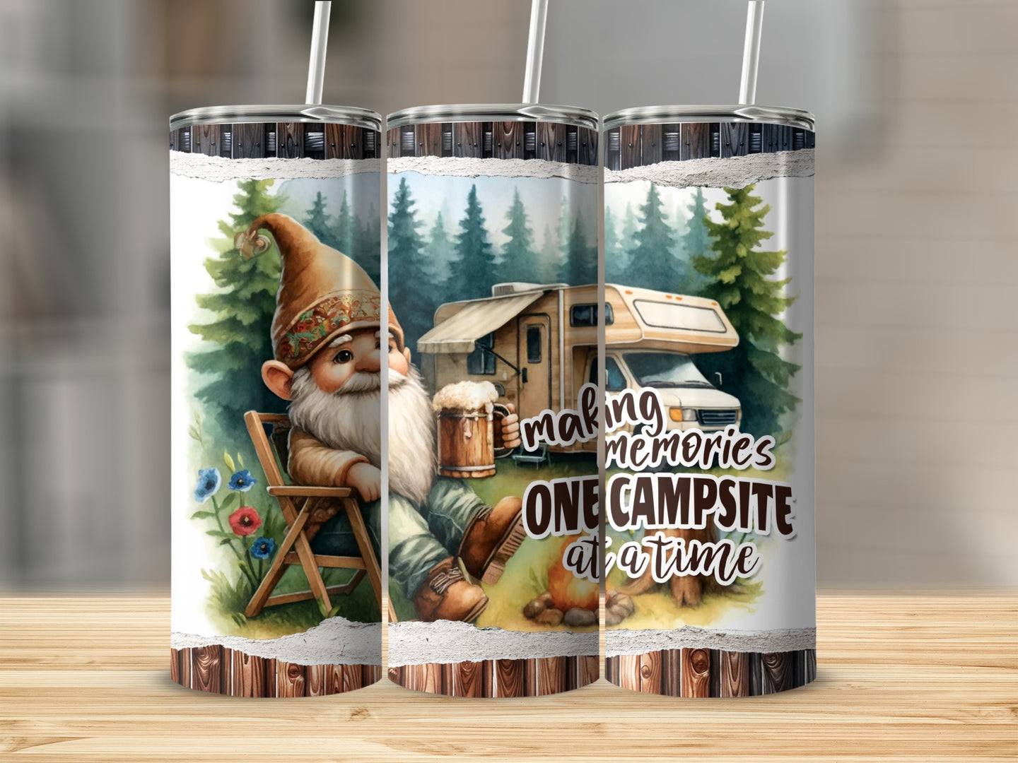 Gnome in chair with beer, RV, campfire, and text "making memories one campsite at a time."