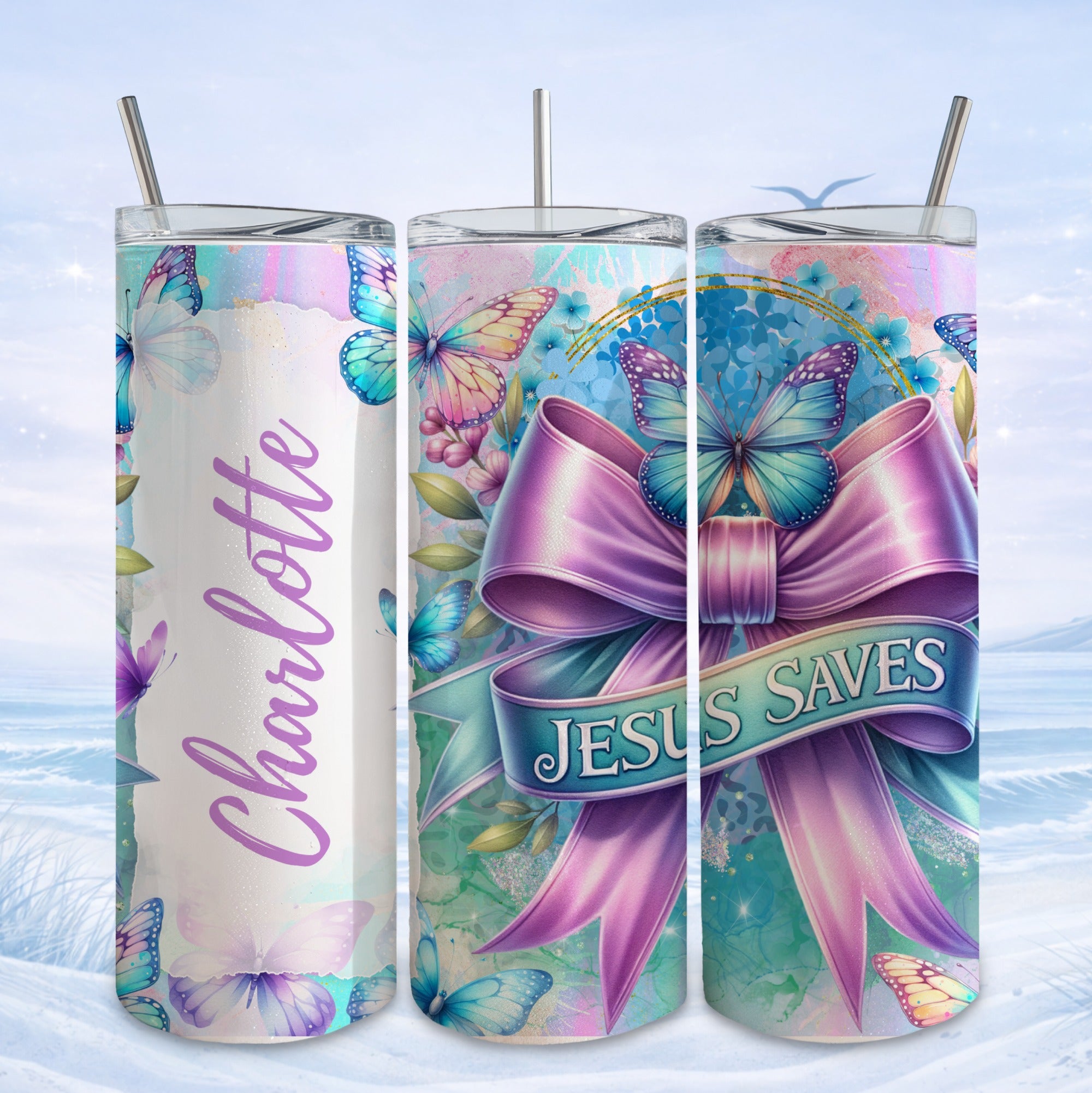 Pink bow with "Jesus Saves" ribbon, butterflies, and "Charlotte" on a tumbler.