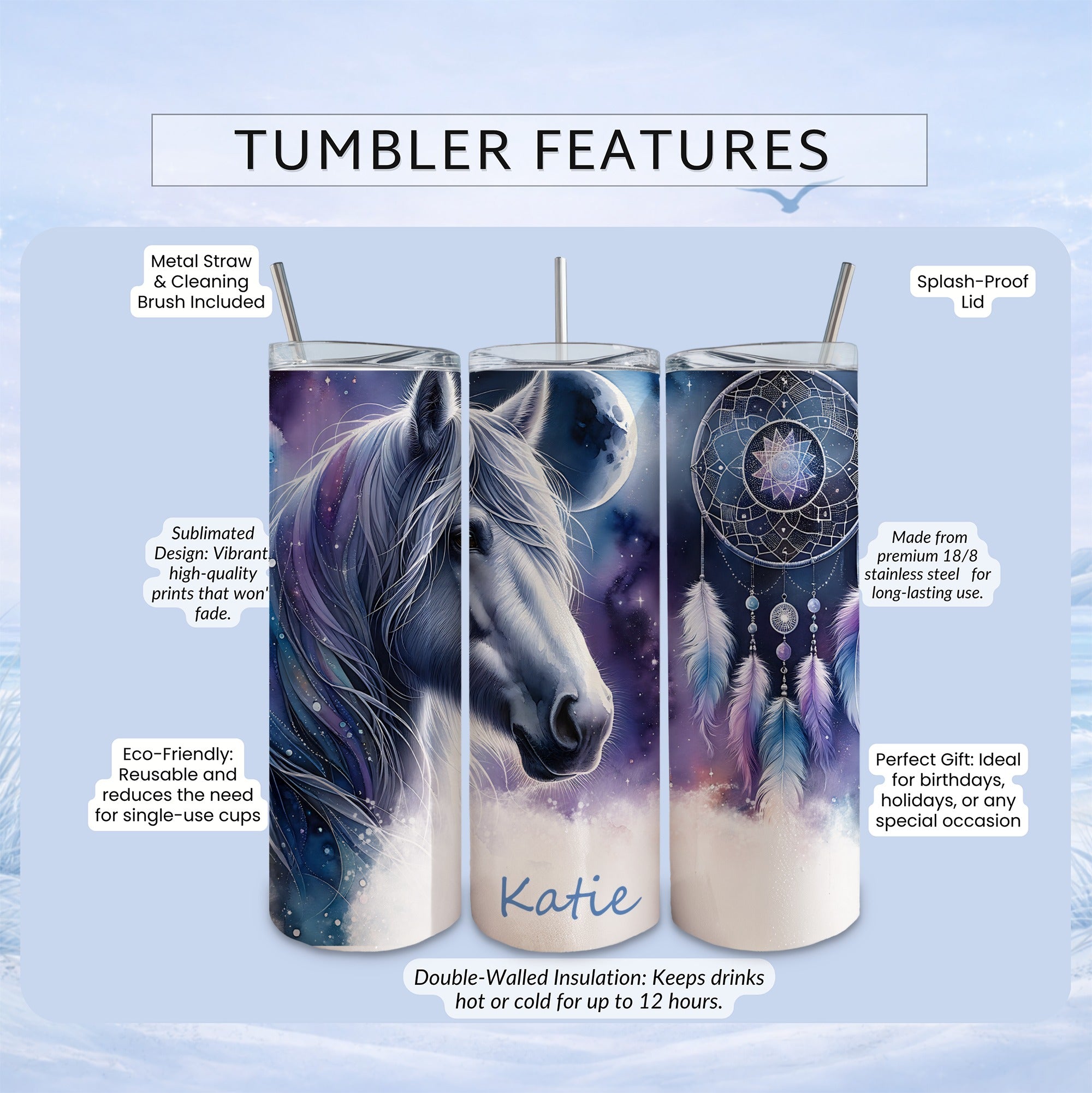 White horse in watercolor, moon, and dreamcatcher design on tumbler.