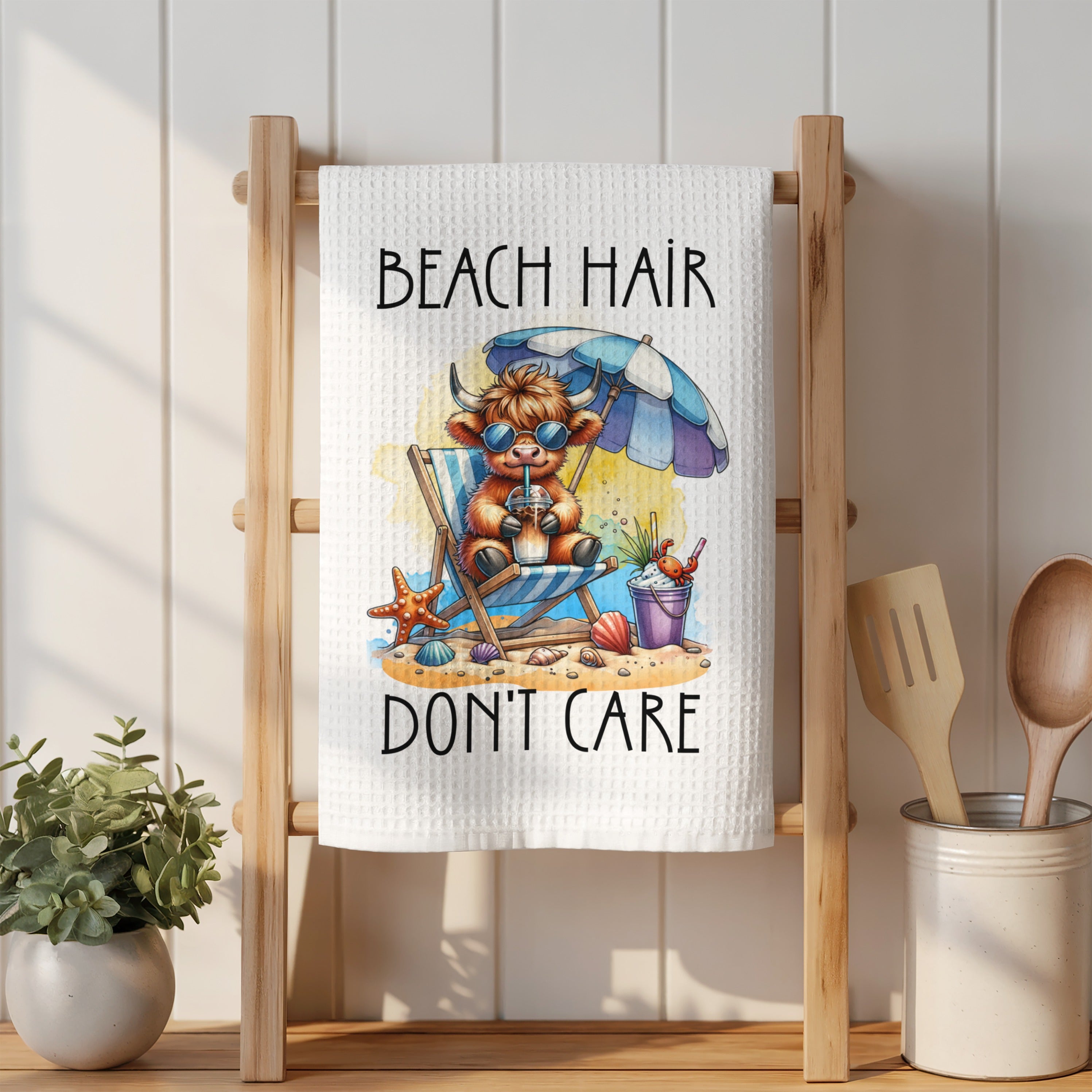 Highland cow with sunglasses on beach chair, "BEACH HAIR DON'T CARE".