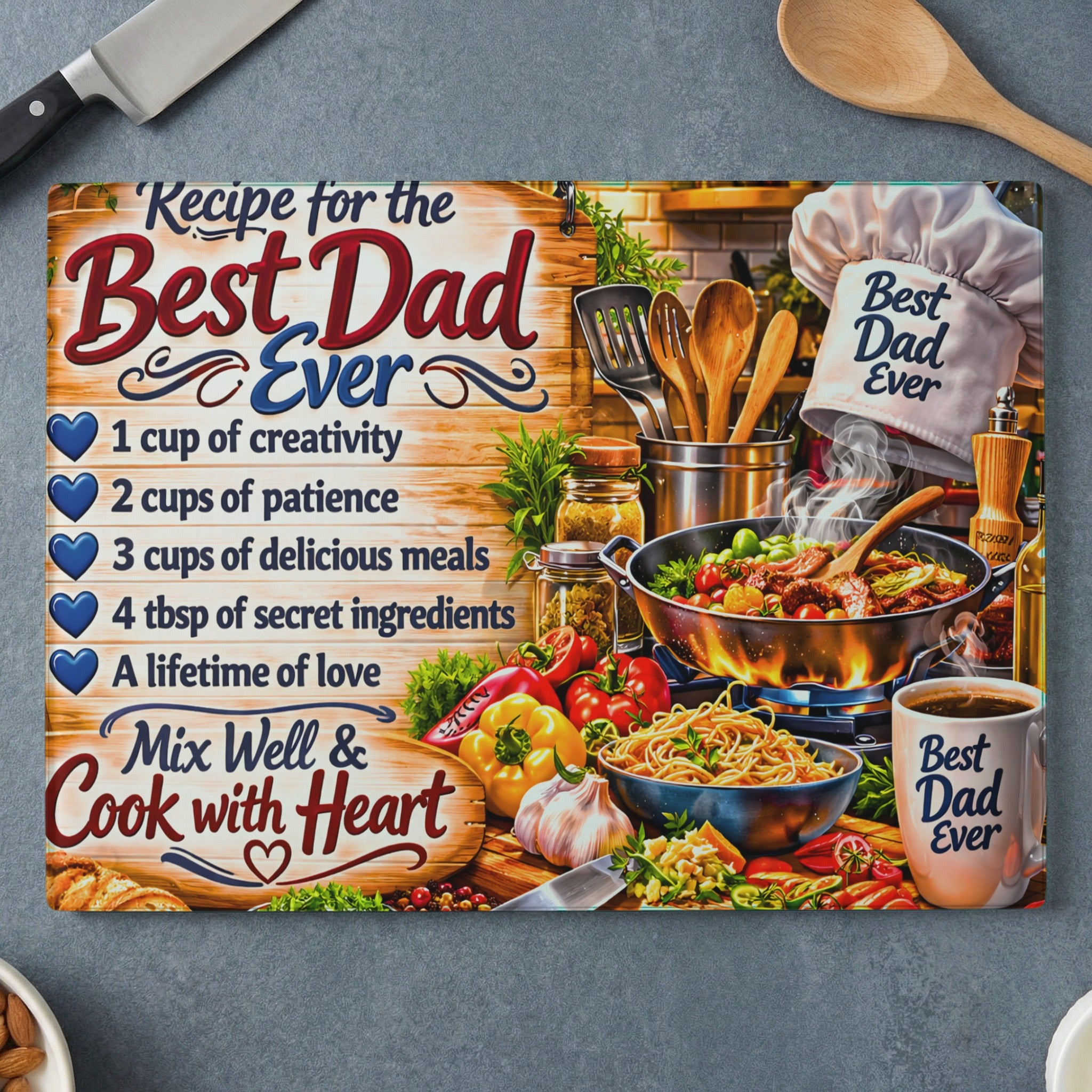 Recipe for the Best Dad Ever with ingredients list and a cooked meal.