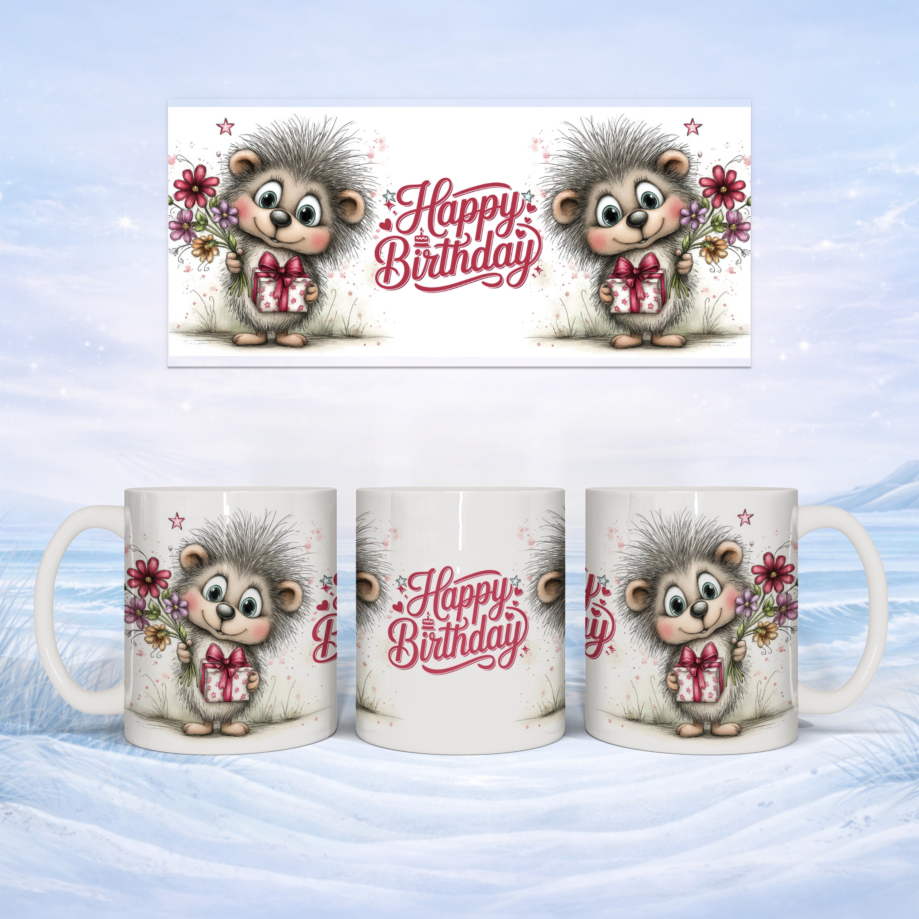 Mug with hedgehog holding a birthday gift, "Happy Birthday" text.