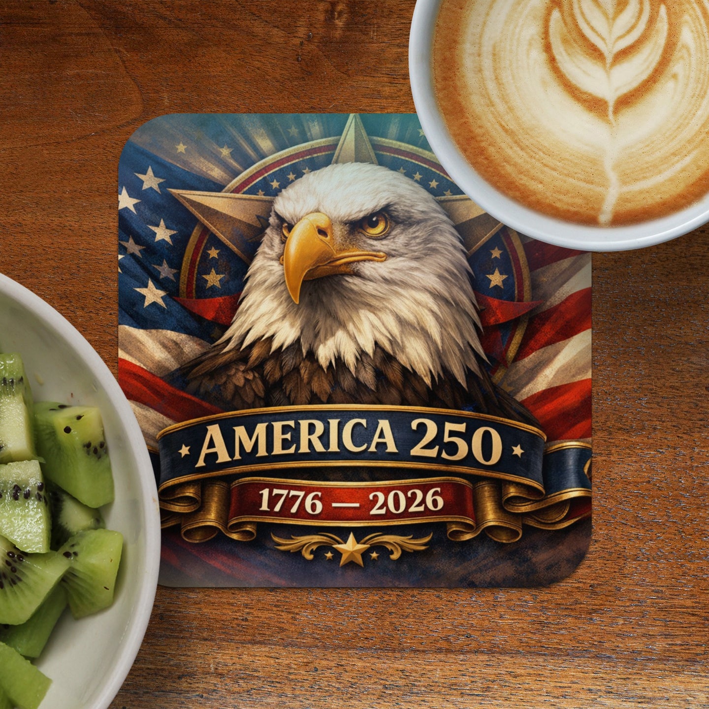 Eagle with "America 250" text on a patriotic background, next to fruit and coffee.