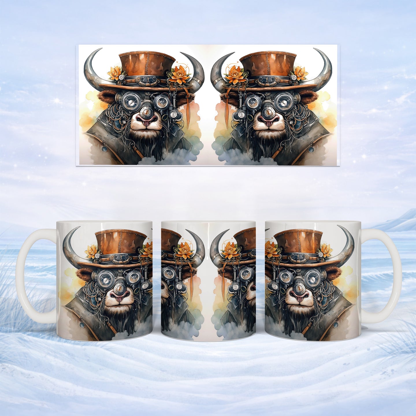 Steampunk bull with hat and goggles on a mug.