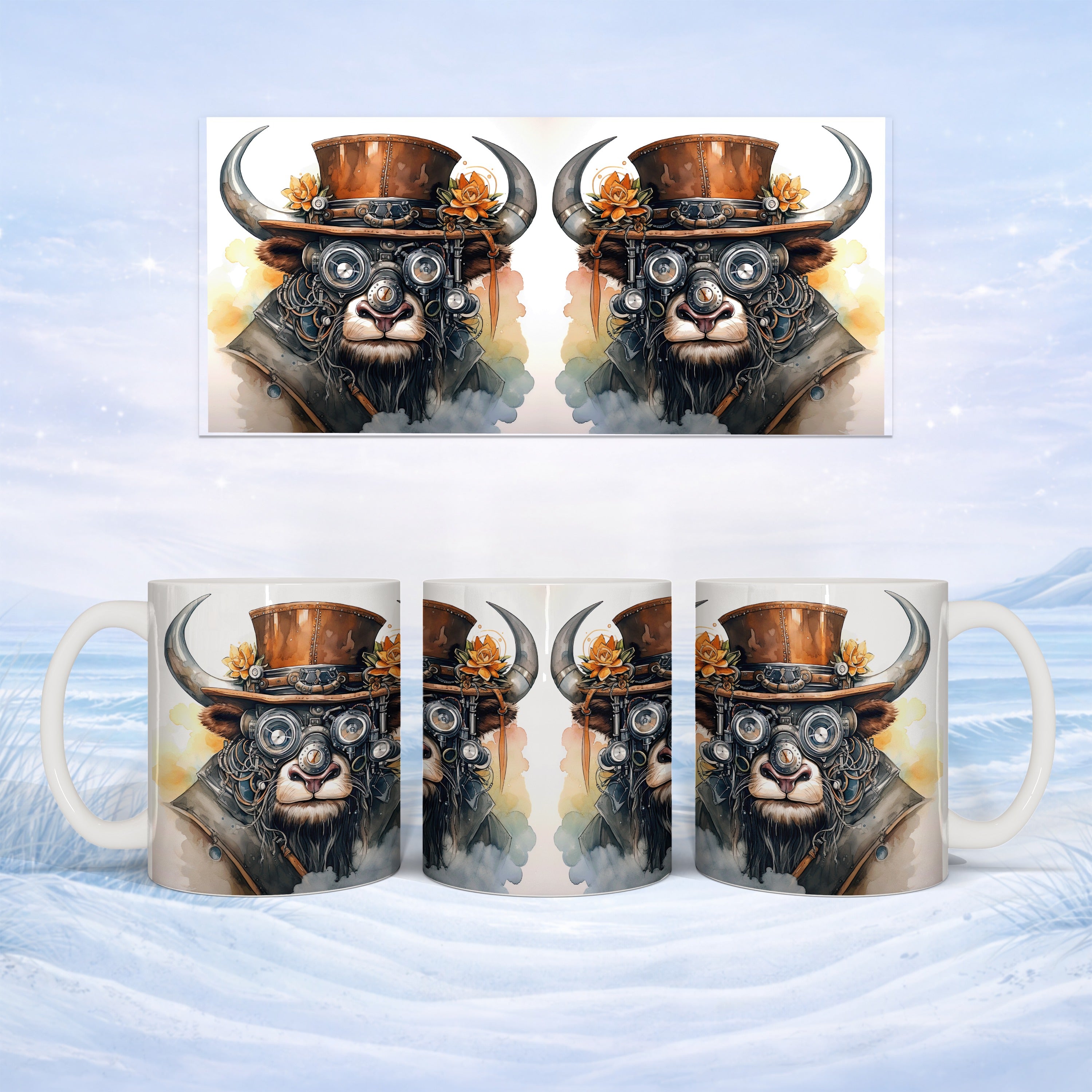 Steampunk bull with hat and goggles on a mug.
