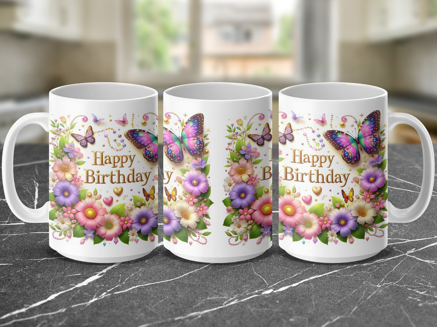 Three white mugs decorated with "Happy Birthday" text and colorful flowers and butterflies.