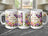 Three white mugs decorated with "Happy Birthday" text and colorful flowers and butterflies.