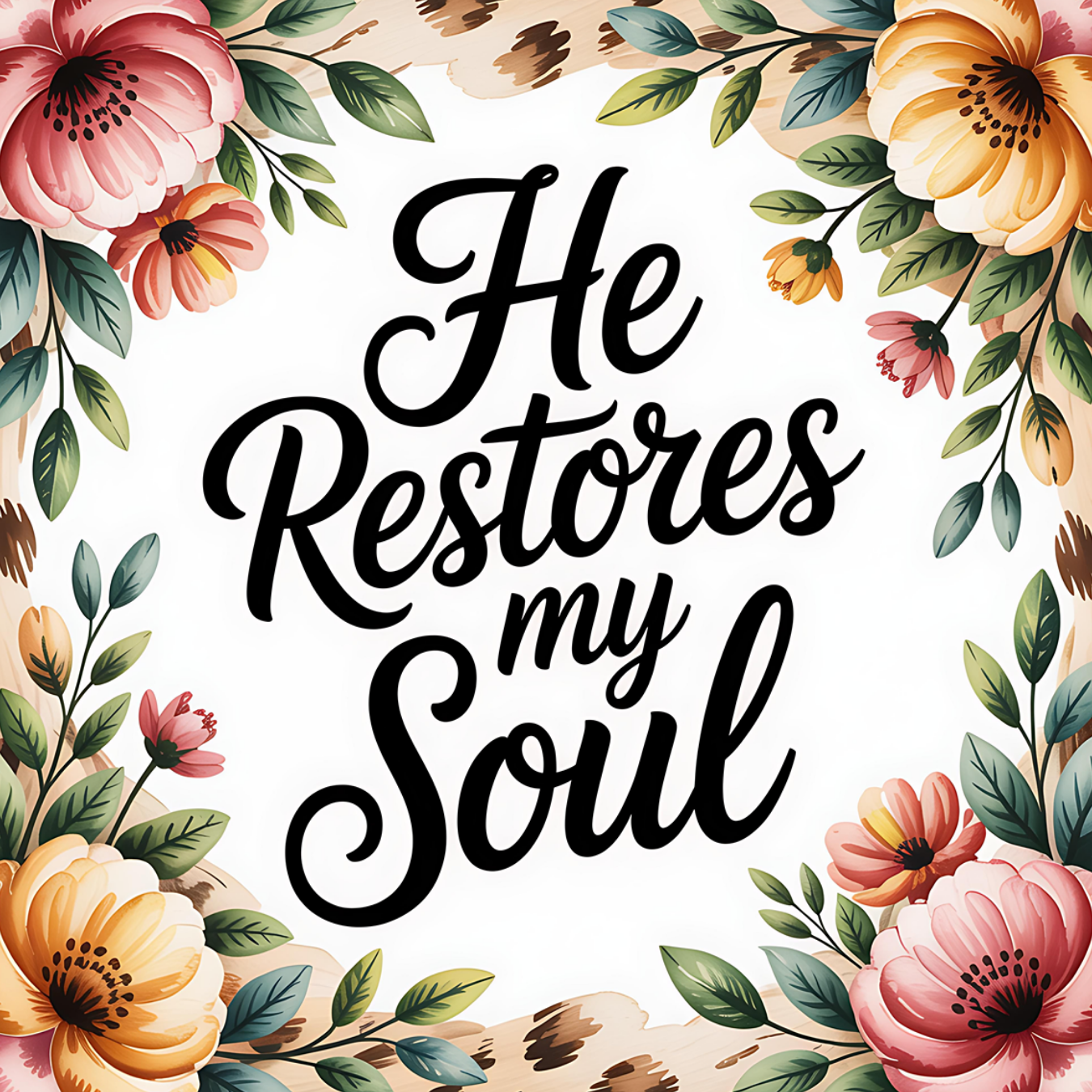Floral frame surrounds "He Restores My Soul" text in script.