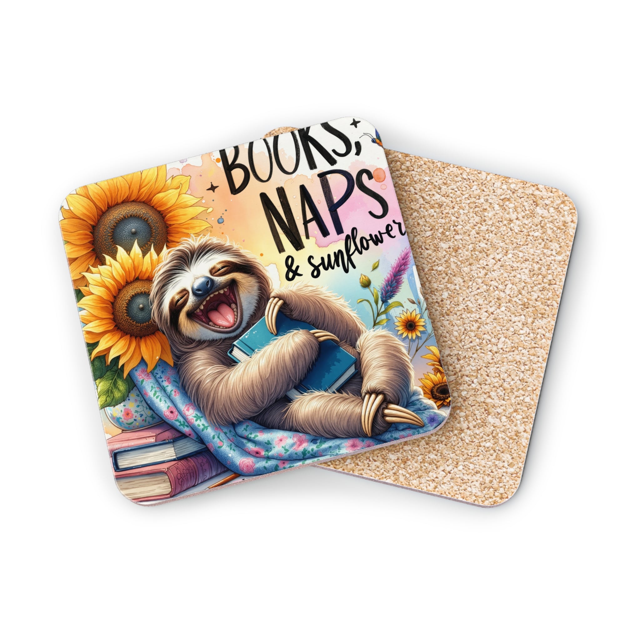 Sloth hugging books with sunflowers, text "BOOKS, NAPS & SUNFLOWERS".