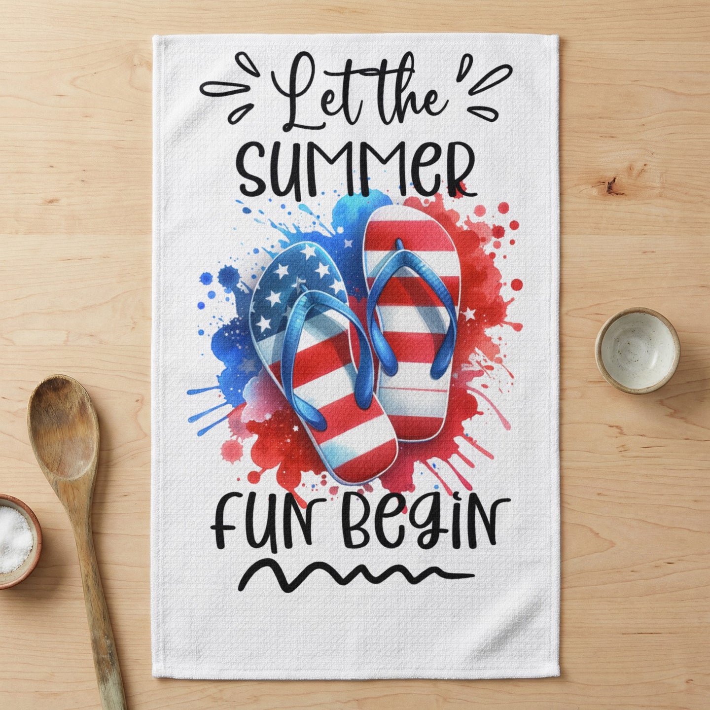 Red, white, and blue flip-flops with "Let the Summer Fun Begin" text.