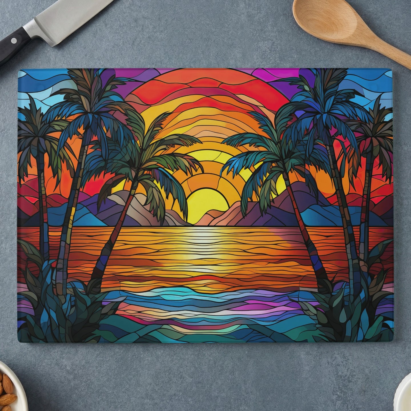 Stained glass-style tropical sunset with palm trees over the ocean.