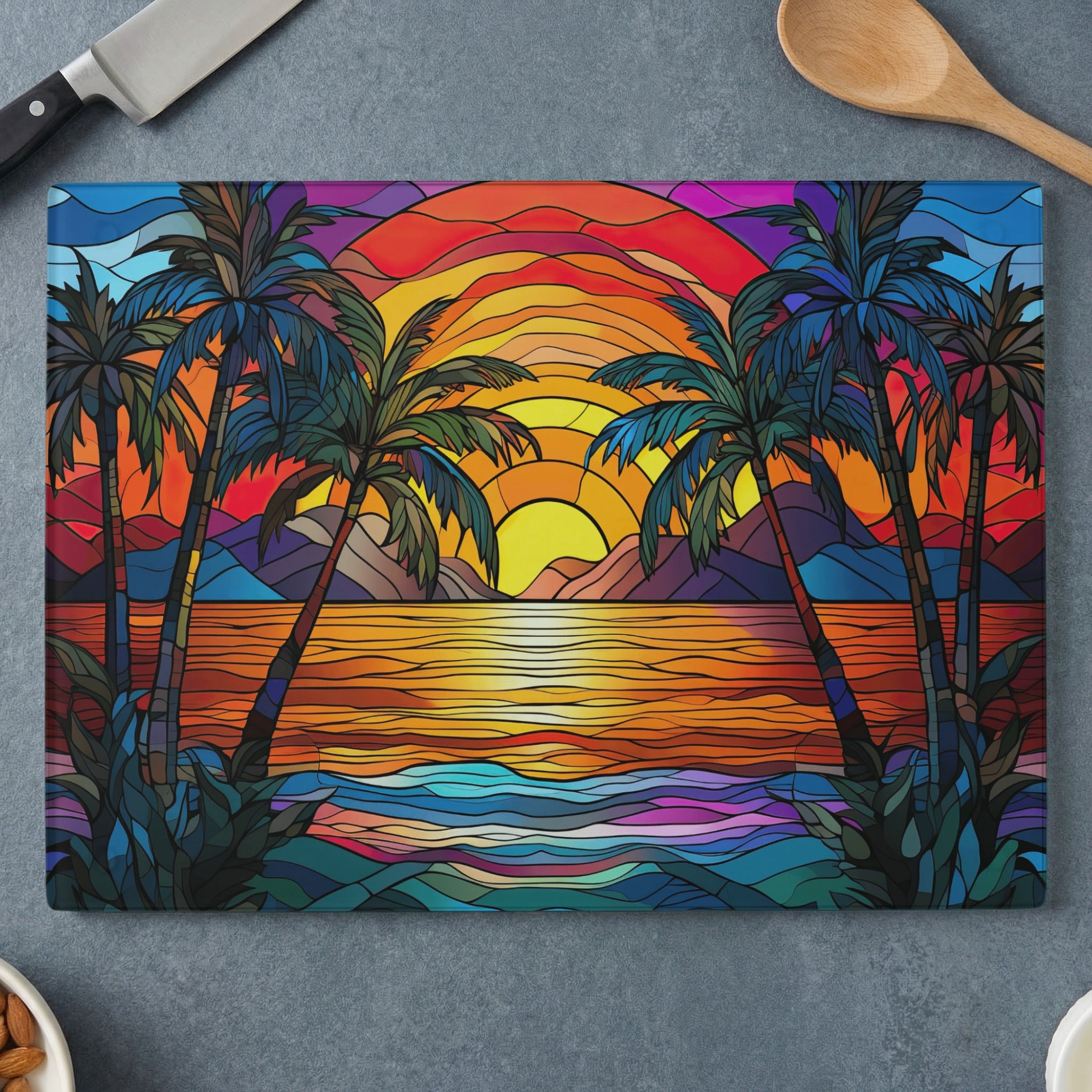 Stained glass-style tropical sunset with palm trees over the ocean.