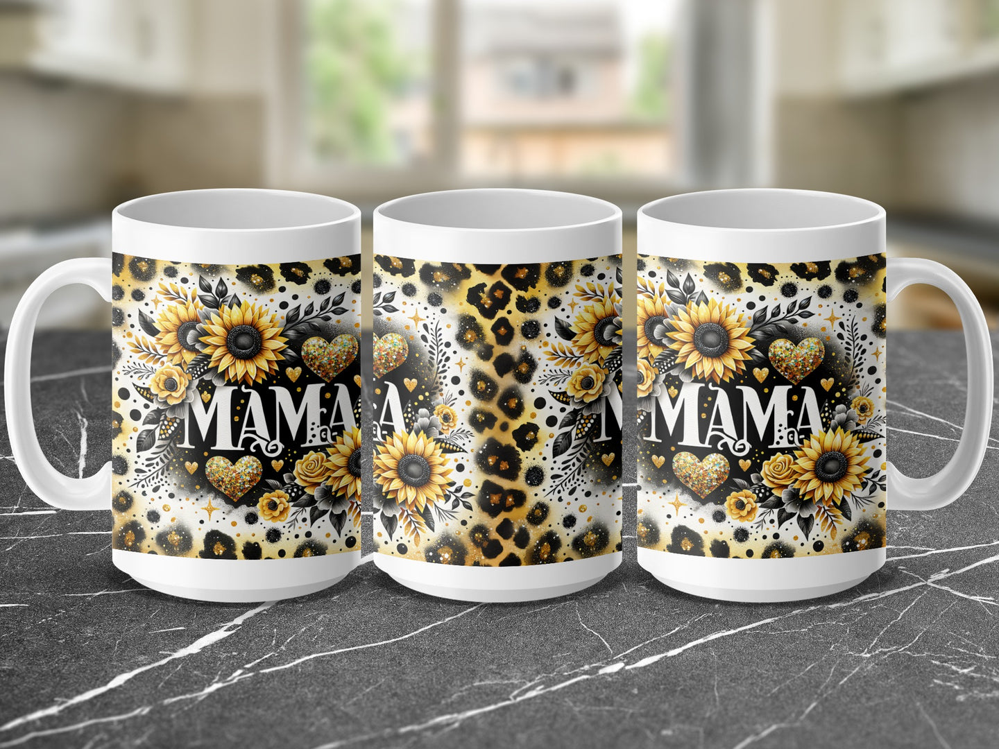 White mug with "MAMA" in gold, sunflowers, hearts, and leopard print.