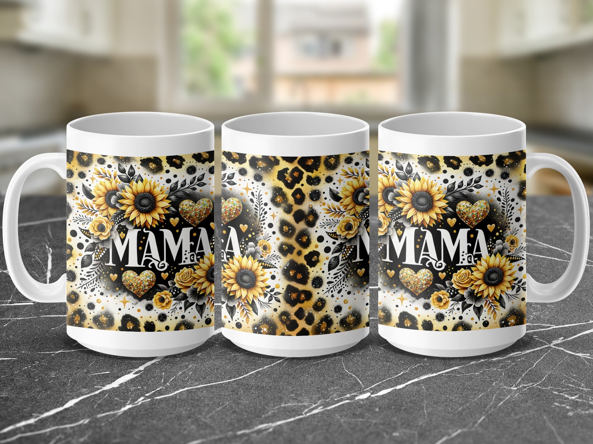 White mug with "MAMA" in gold, sunflowers, hearts, and leopard print.