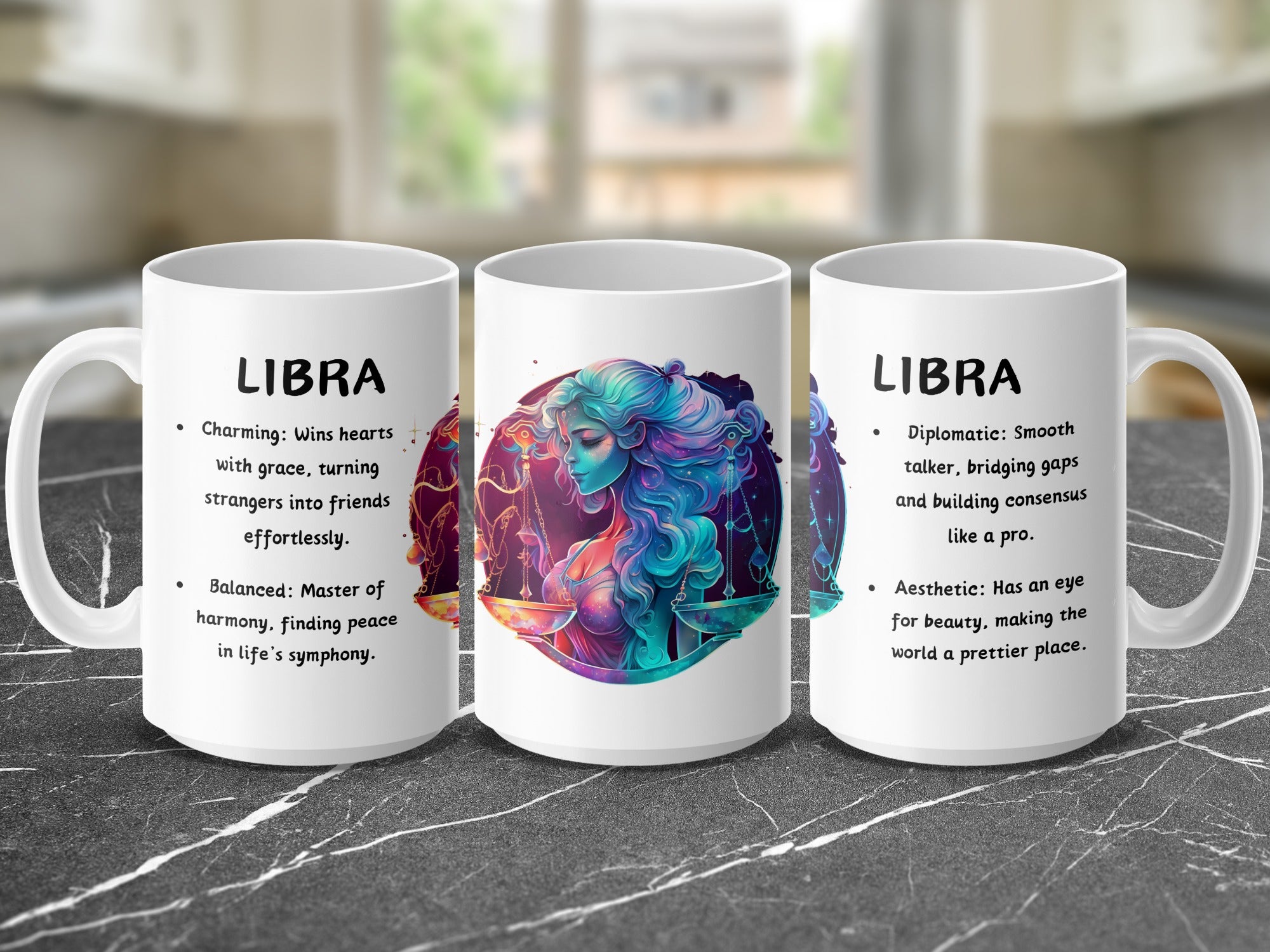 Three Libra zodiac mugs featuring astrological descriptions and artistic zodiac symbols.