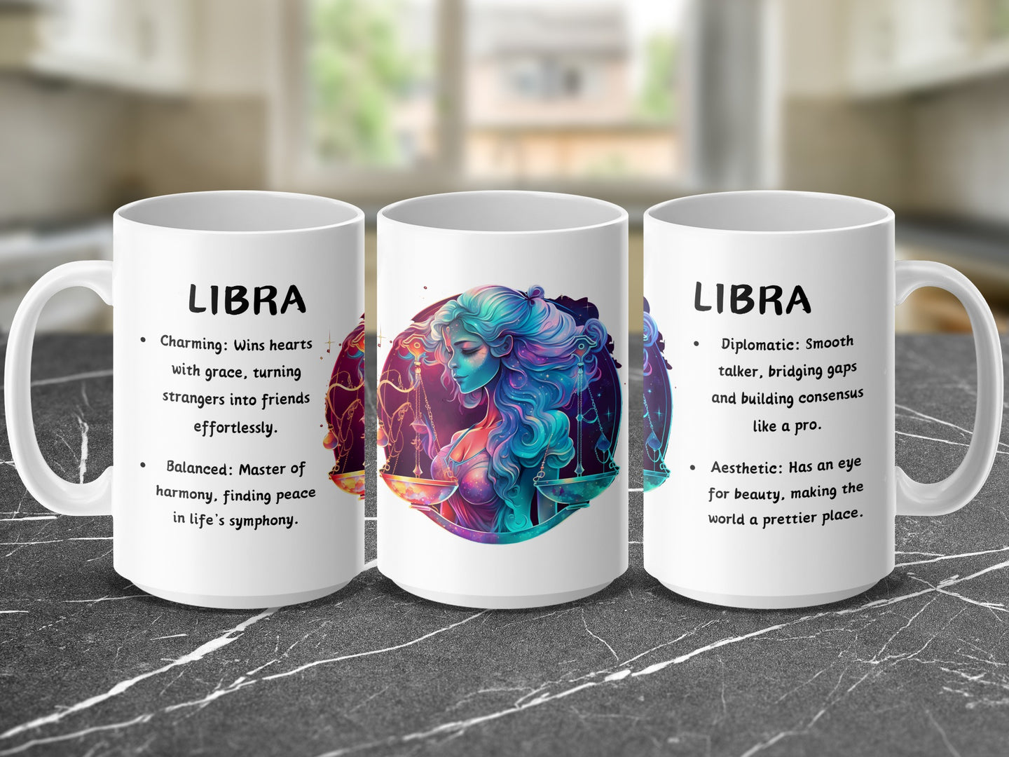 Three Libra zodiac mugs featuring astrological descriptions and artistic zodiac symbols.