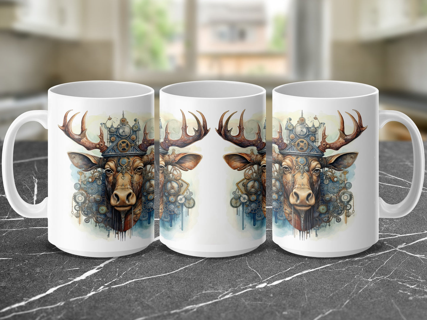 Steampunk moose head design on a white ceramic mug.