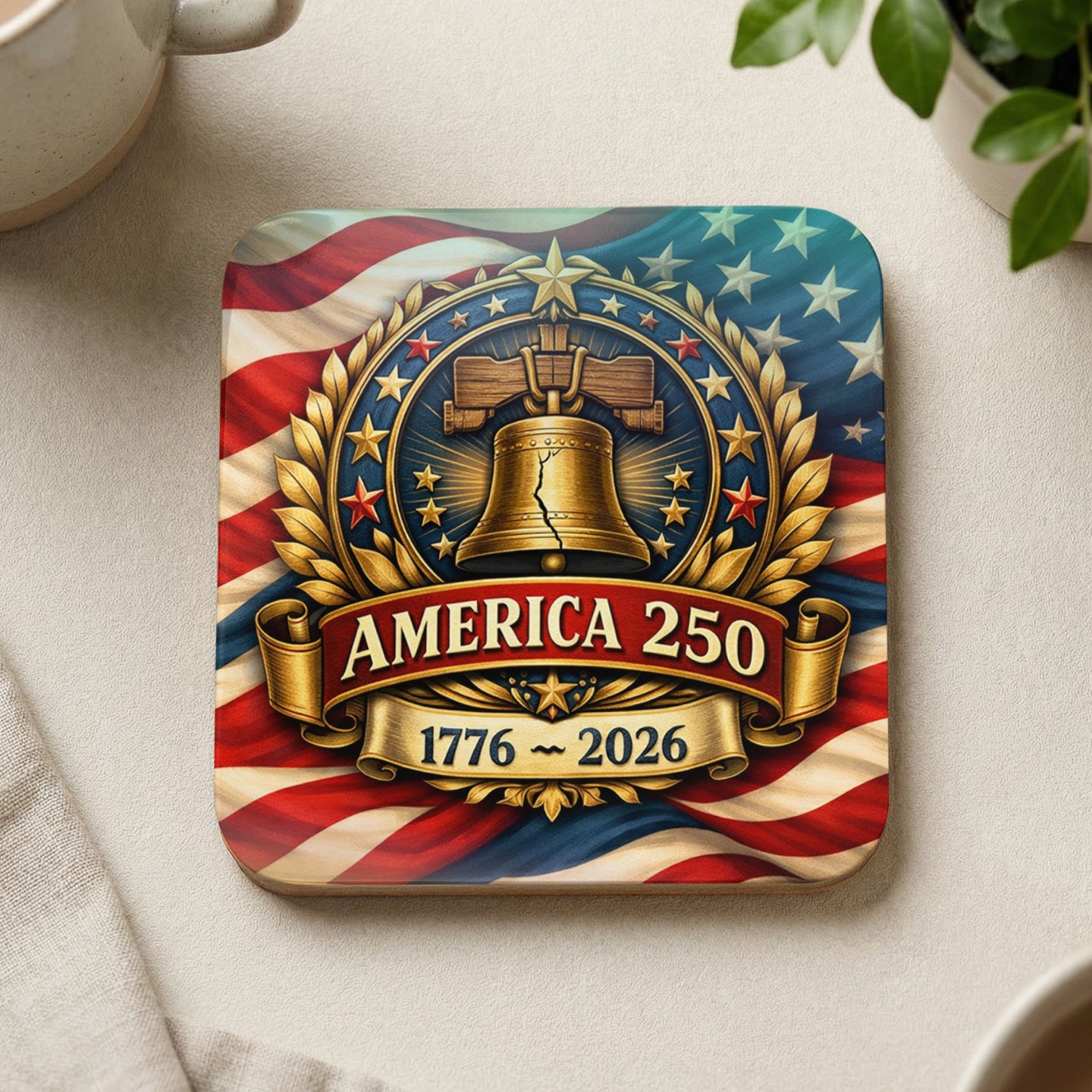 Coaster with Liberty Bell, American flag, and "America 250 1776-2026".