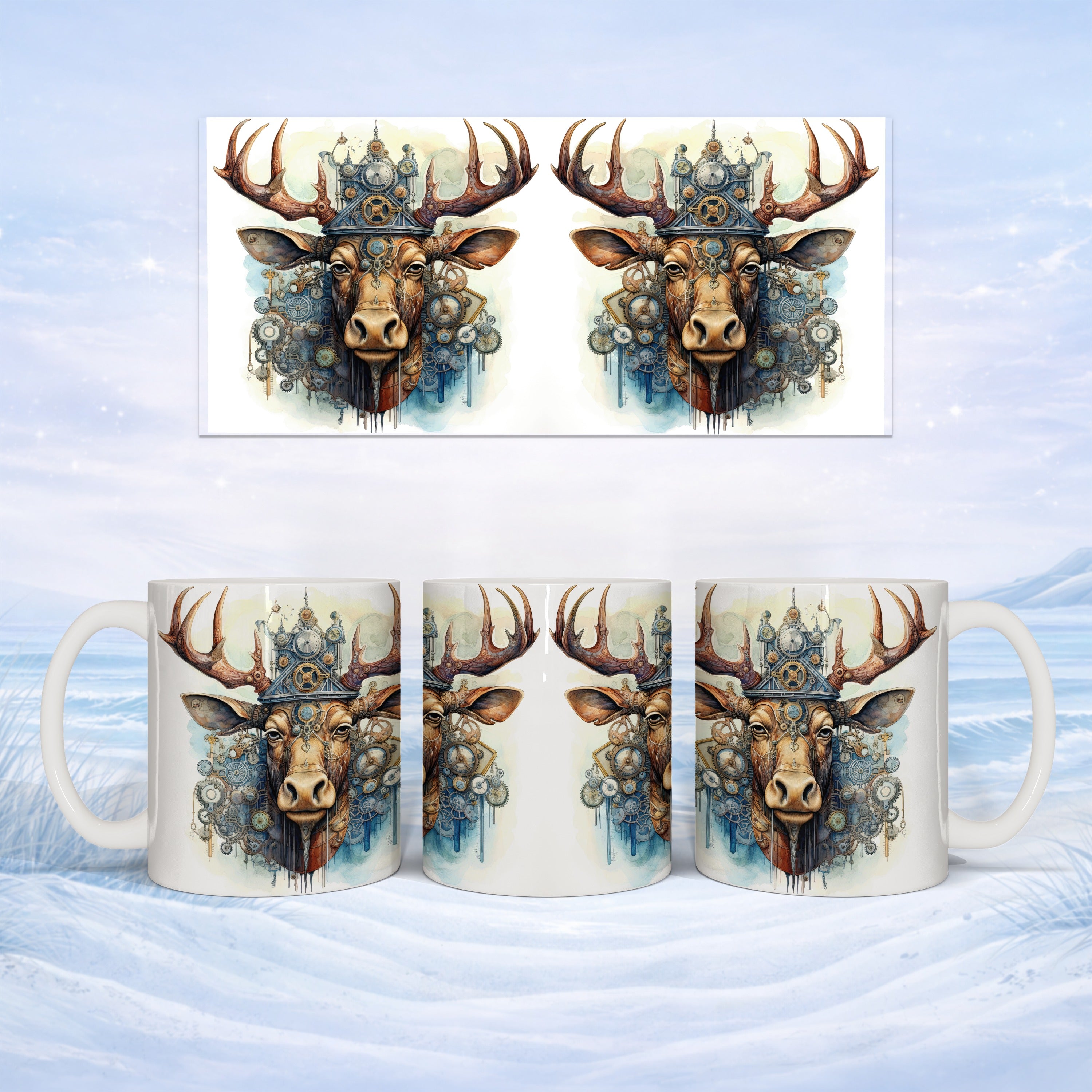 Steampunk deer head with gears and clockwork on a mug mockup.