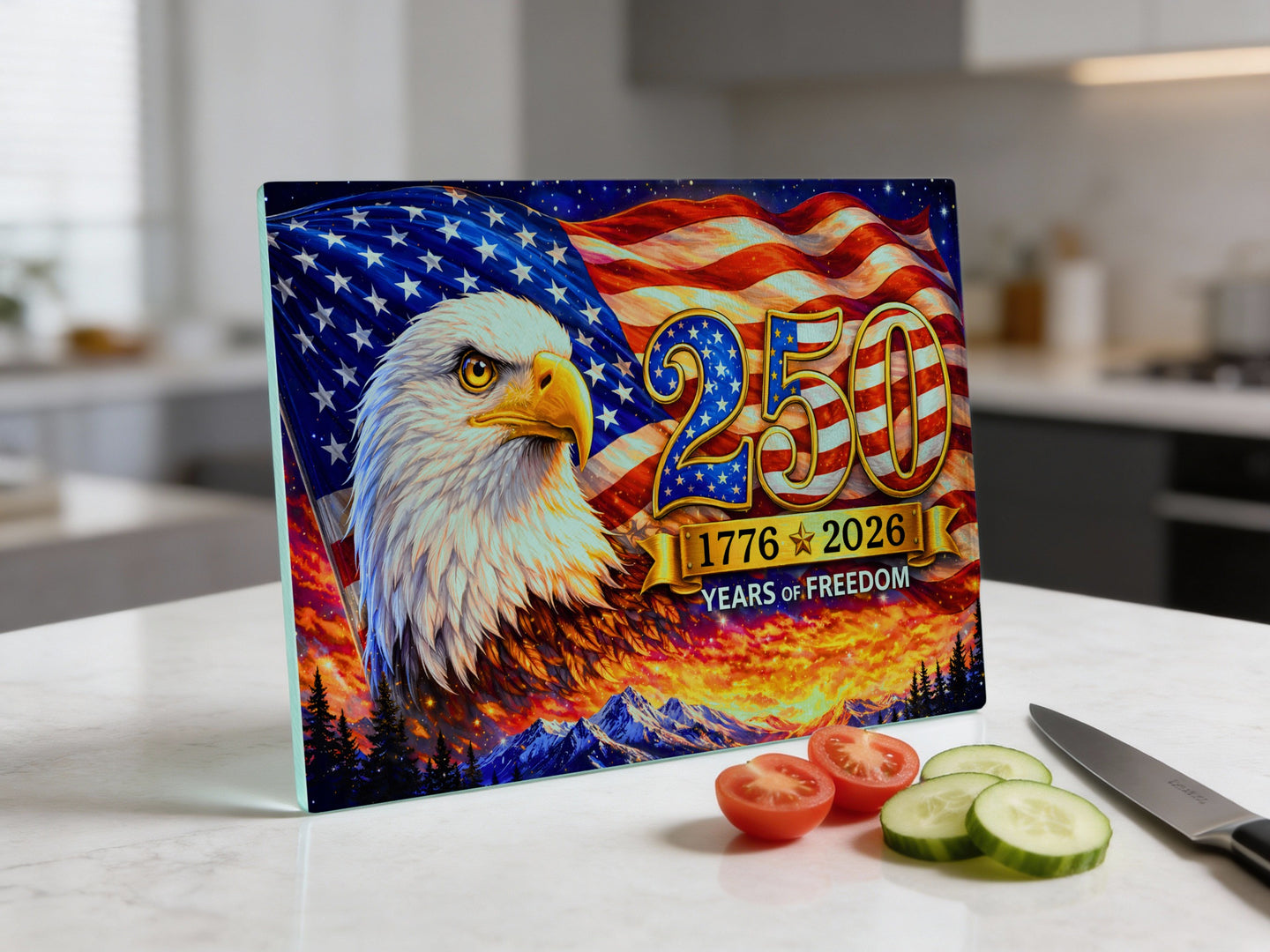 American flag eagle graphic with "250 1776 2026 Freedom" text.