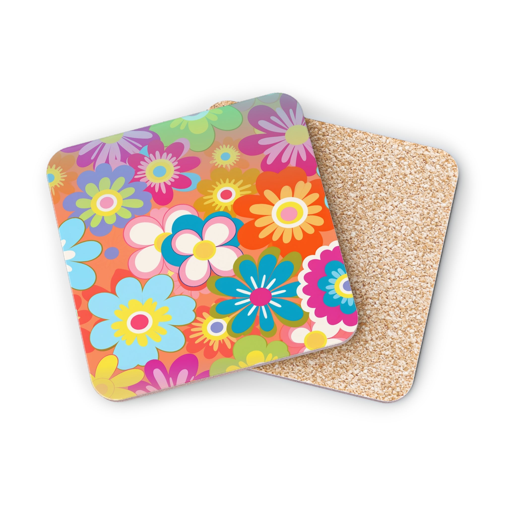 Two colorful floral coasters, one with cork backing.