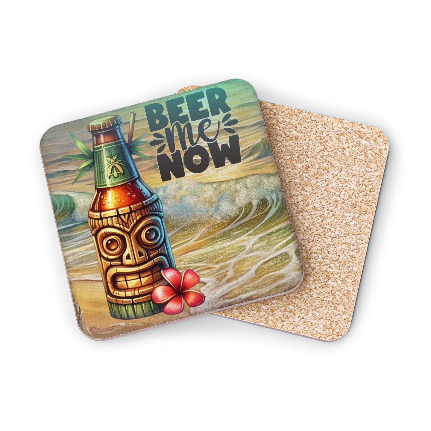 Coaster with tiki face, beer bottle, and "BEER ME NOW" text on a beach.