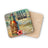Coaster with tiki face, beer bottle, and "BEER ME NOW" text on a beach.