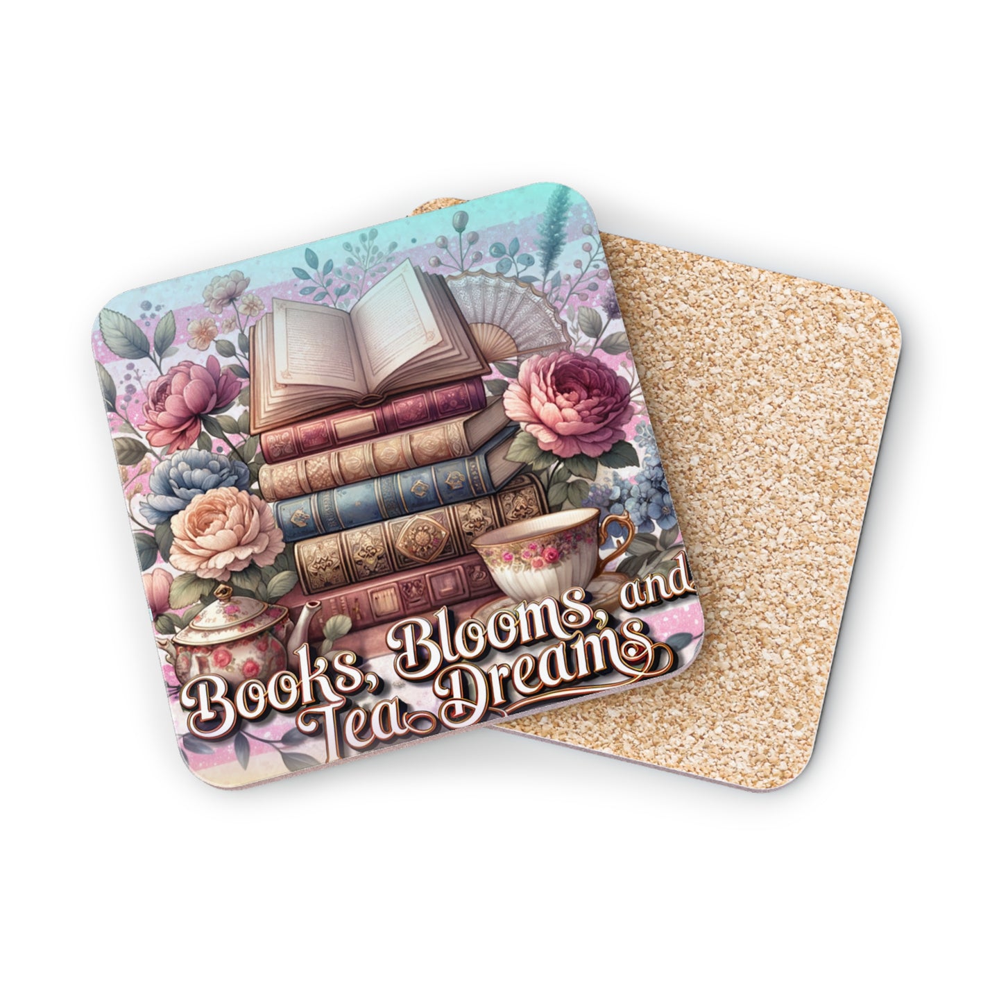 Coasters with stacked books, tea cup, fan, and flowers, saying "Books, Blooms, and Tea Dreams."