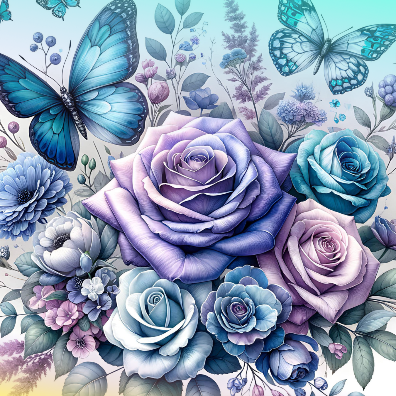 Blue butterflies surround a bouquet of purple and blue roses.