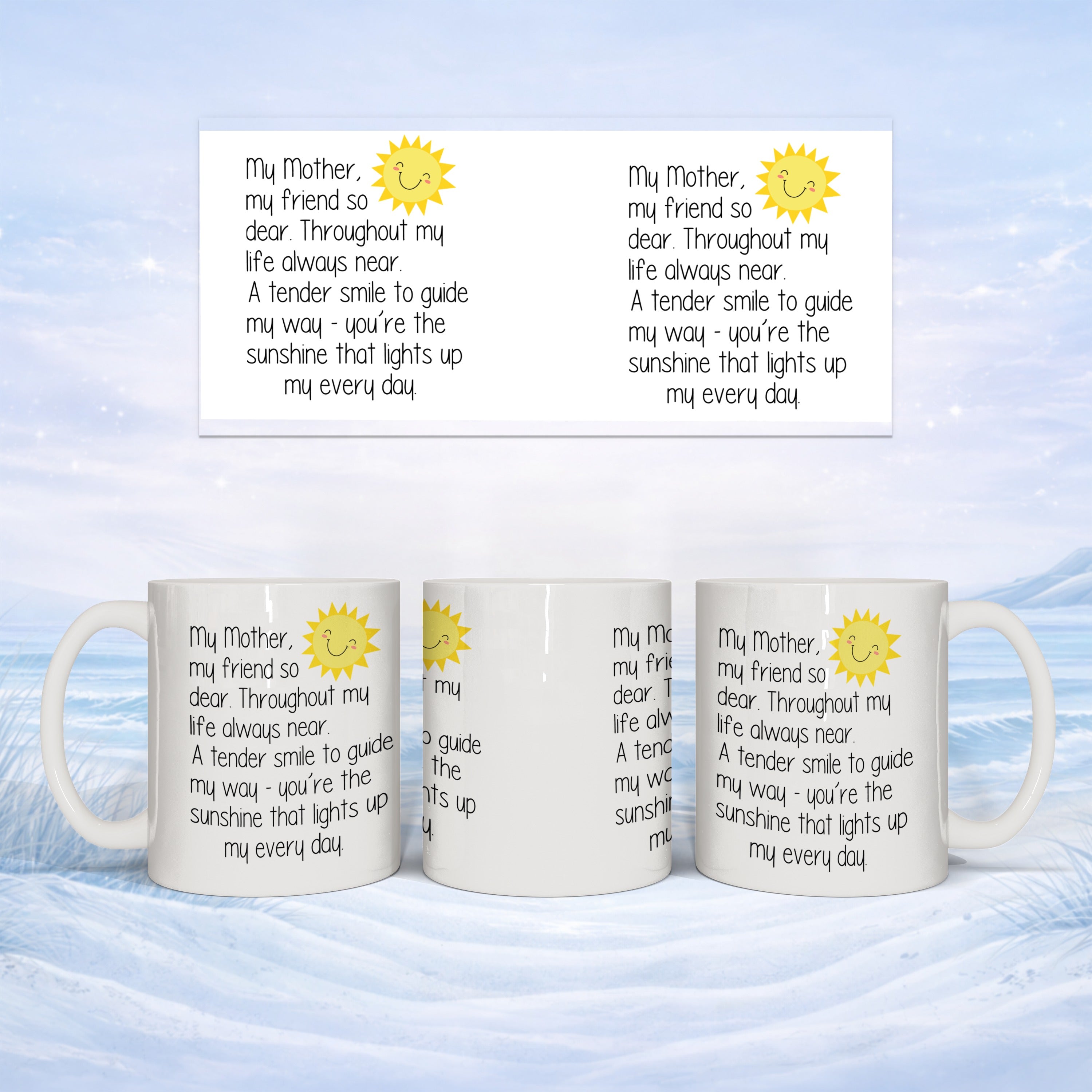 Mug with a poem about a mother's love, featuring a smiling sun graphic.