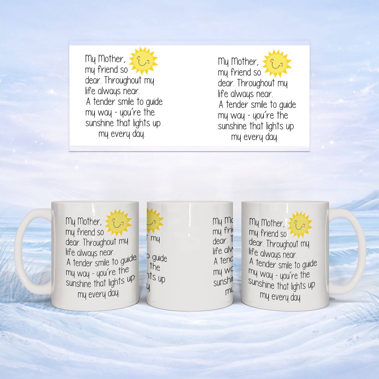 Mug with a poem about a mother's love, featuring a smiling sun graphic.