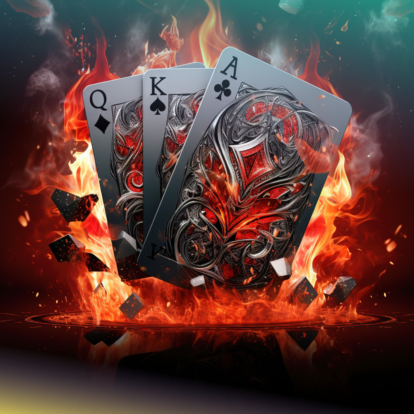 Playing cards Ace, King, Queen of spades in flames.