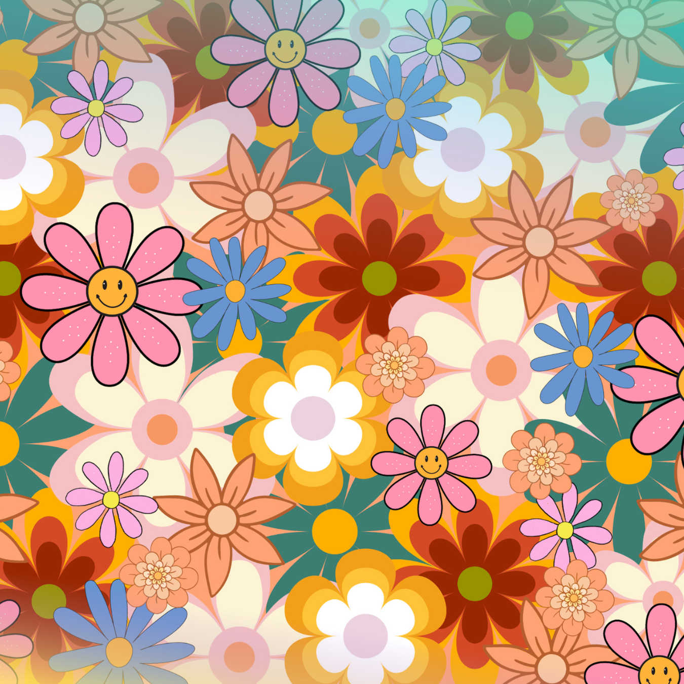 Retro floral pattern with smiling flowers in orange, pink, yellow, and blue.
